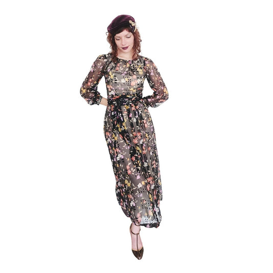 Vintage 1970s Dark Floral Print Dress Gauzy Maxi Sash Tie Belt