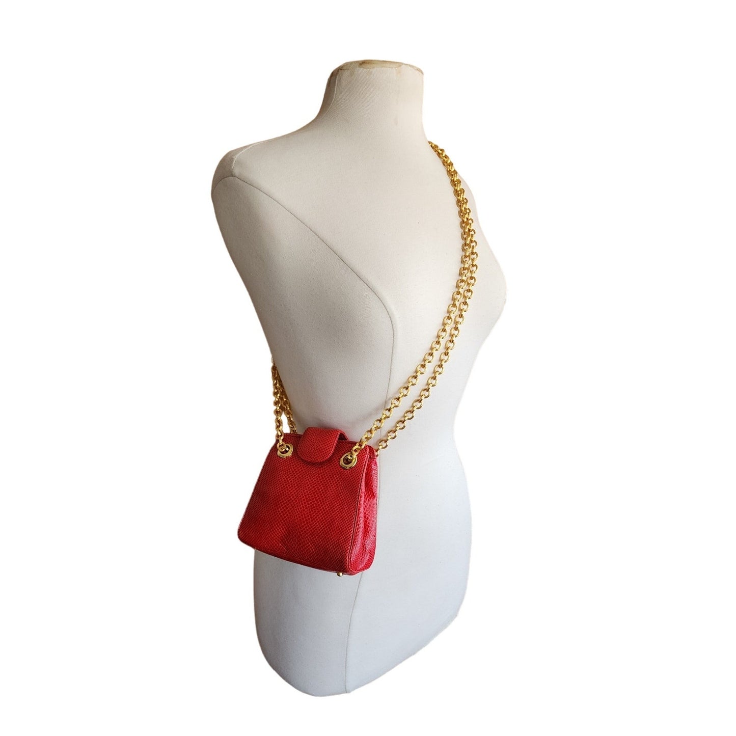 Vintage 90s Judith Leiber Bag Red Lizard Leather Gold Minaudiere