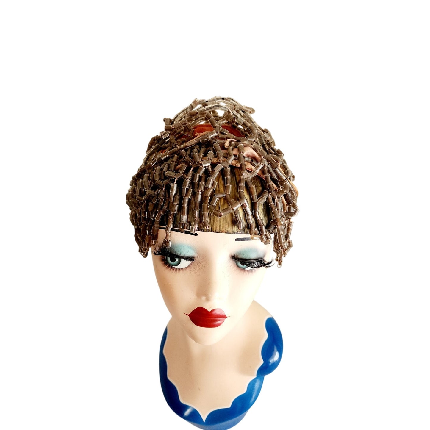 Antique Beaded Headdress Hat Gray Beads One of a Kind Medusa Flapper