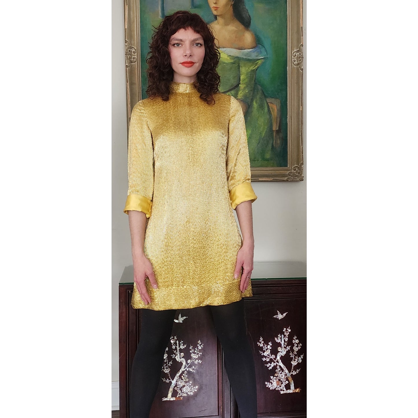 Vintage 60s Gold Mini Dress w/Belt Doreen Lok / S