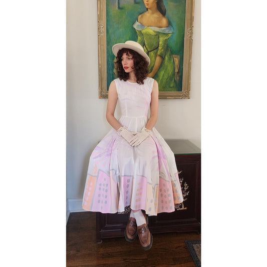 Vintage 90s Cotton Print Sun Dress Sleeveless White Pink Cityscape Print Circle Skirt / S