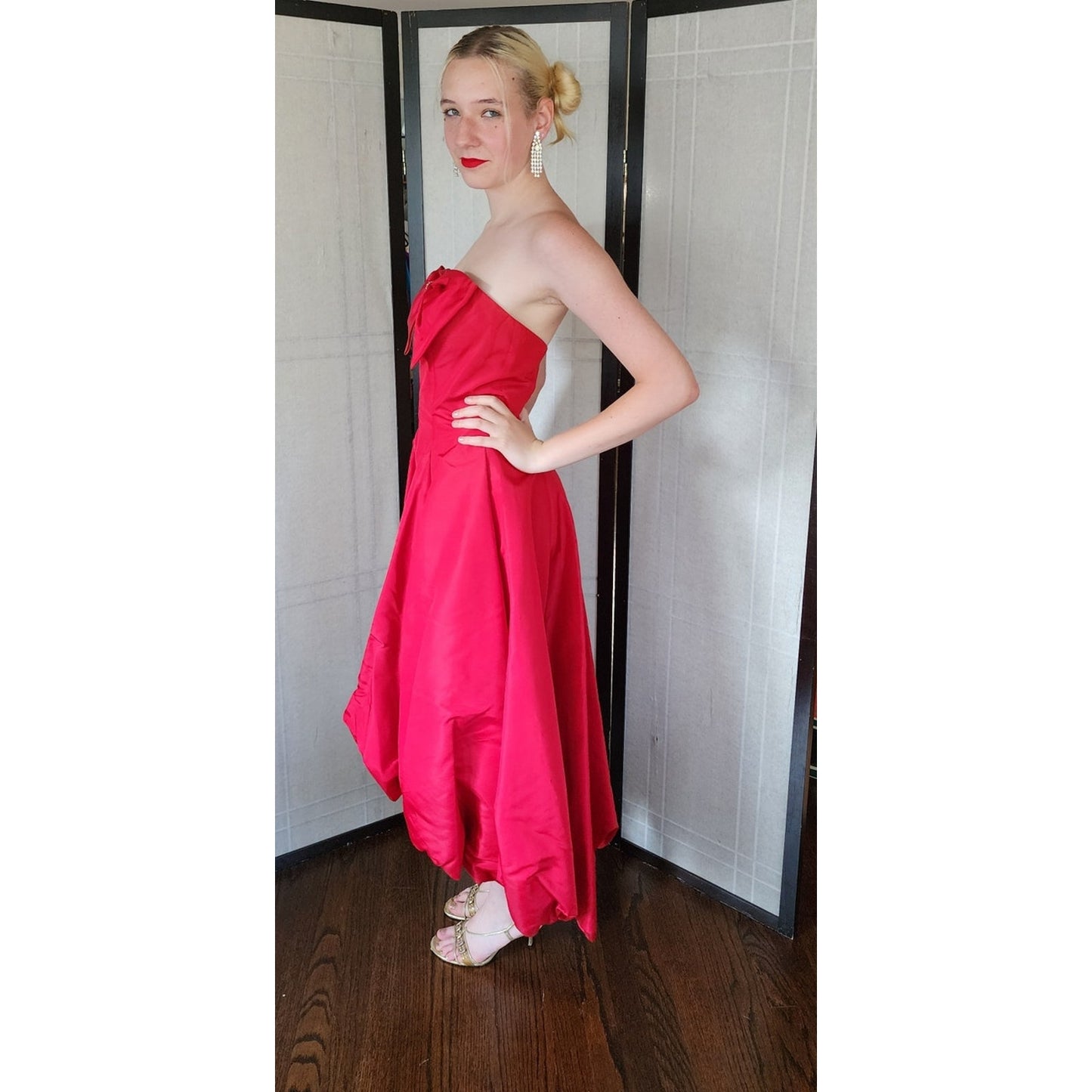 Vintage 80s Red Party Dress Strapless w/ Bubble Skirt & Bow by Climax