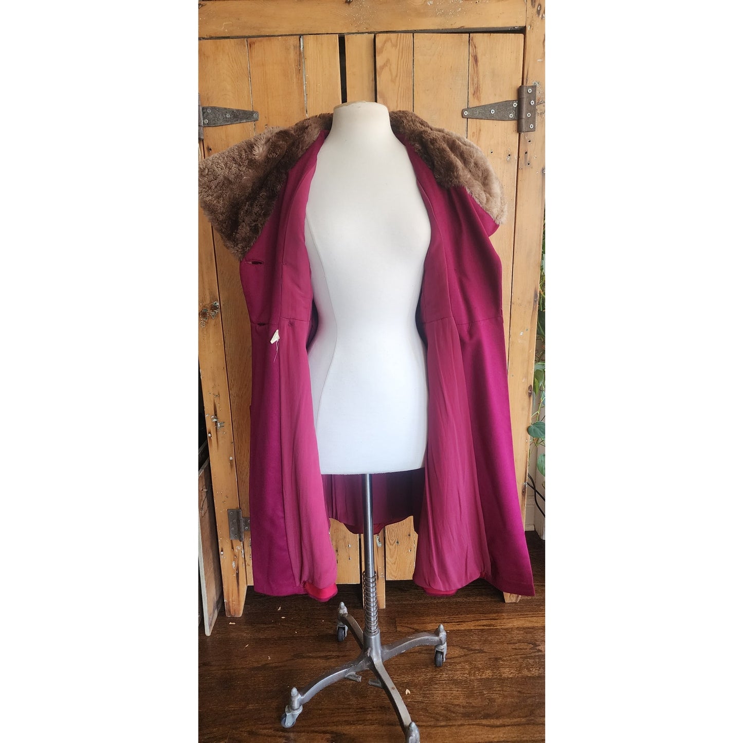 Vintage 1940s Purple Wool Princess Coat Sheared Beaver Fur Collar Double Breasted