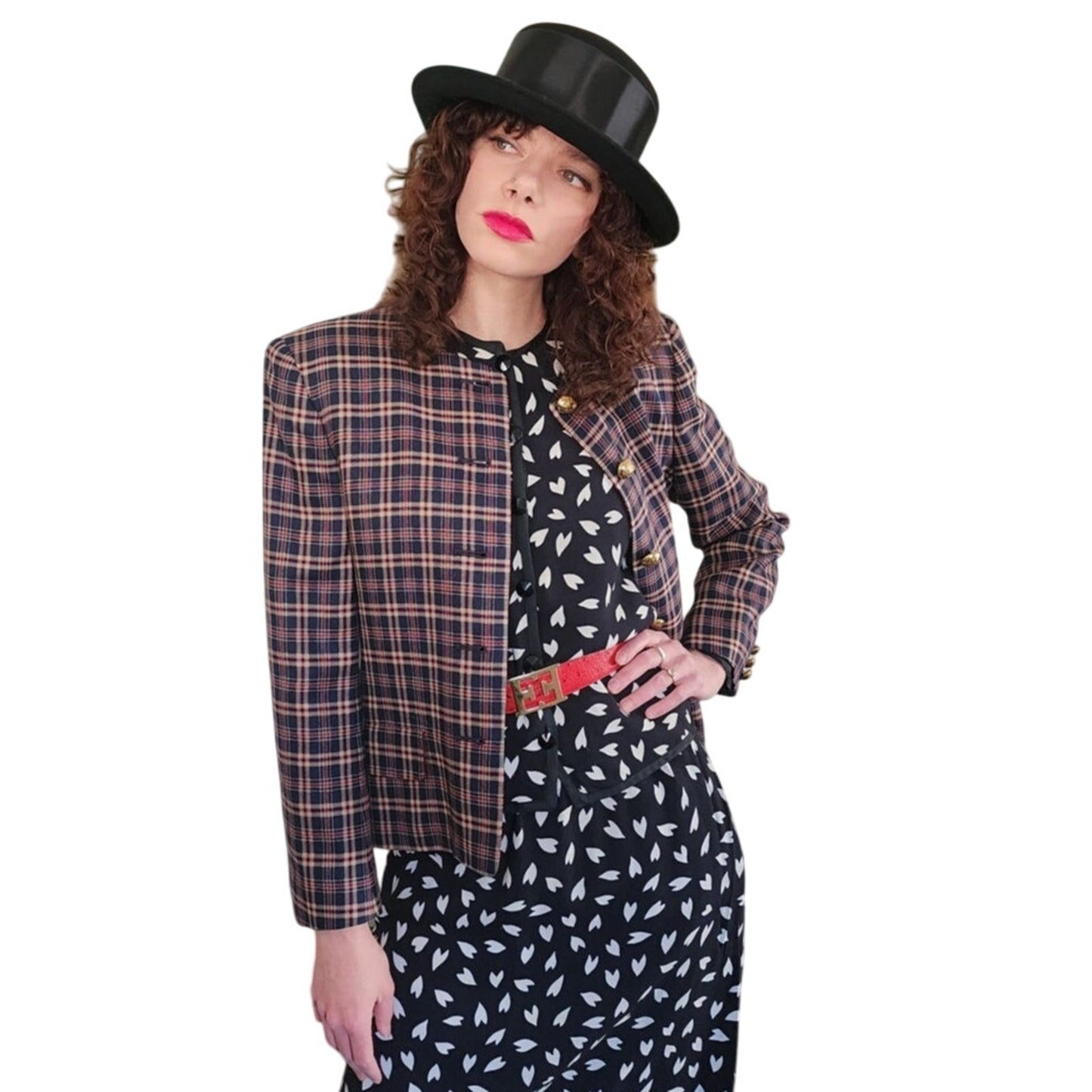 Vintage 80s Jaeger Blazer Navy Blue Brown Plaid Wool Blend