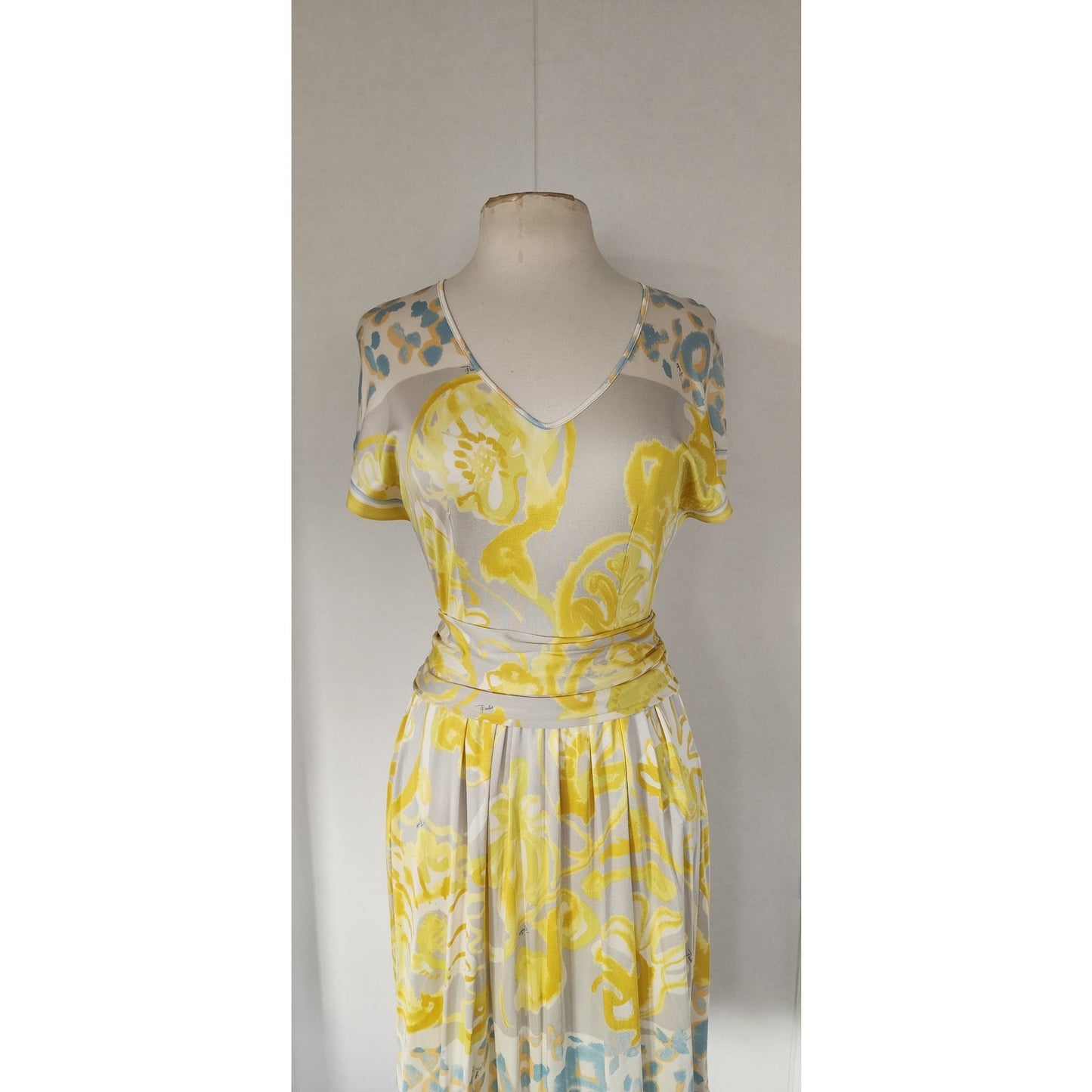 Emilio Pucci  Dress Short Sleeved Silkprint  Yellow Gray NWT