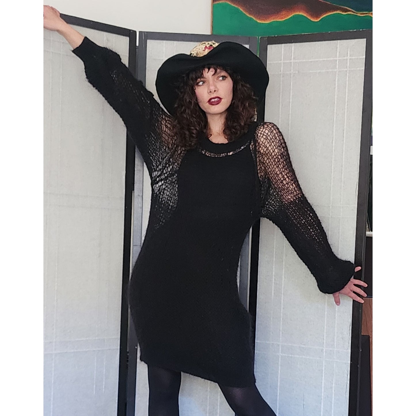Y2K Sonia Rykiel Black Sweater Dress Open Knit Wool