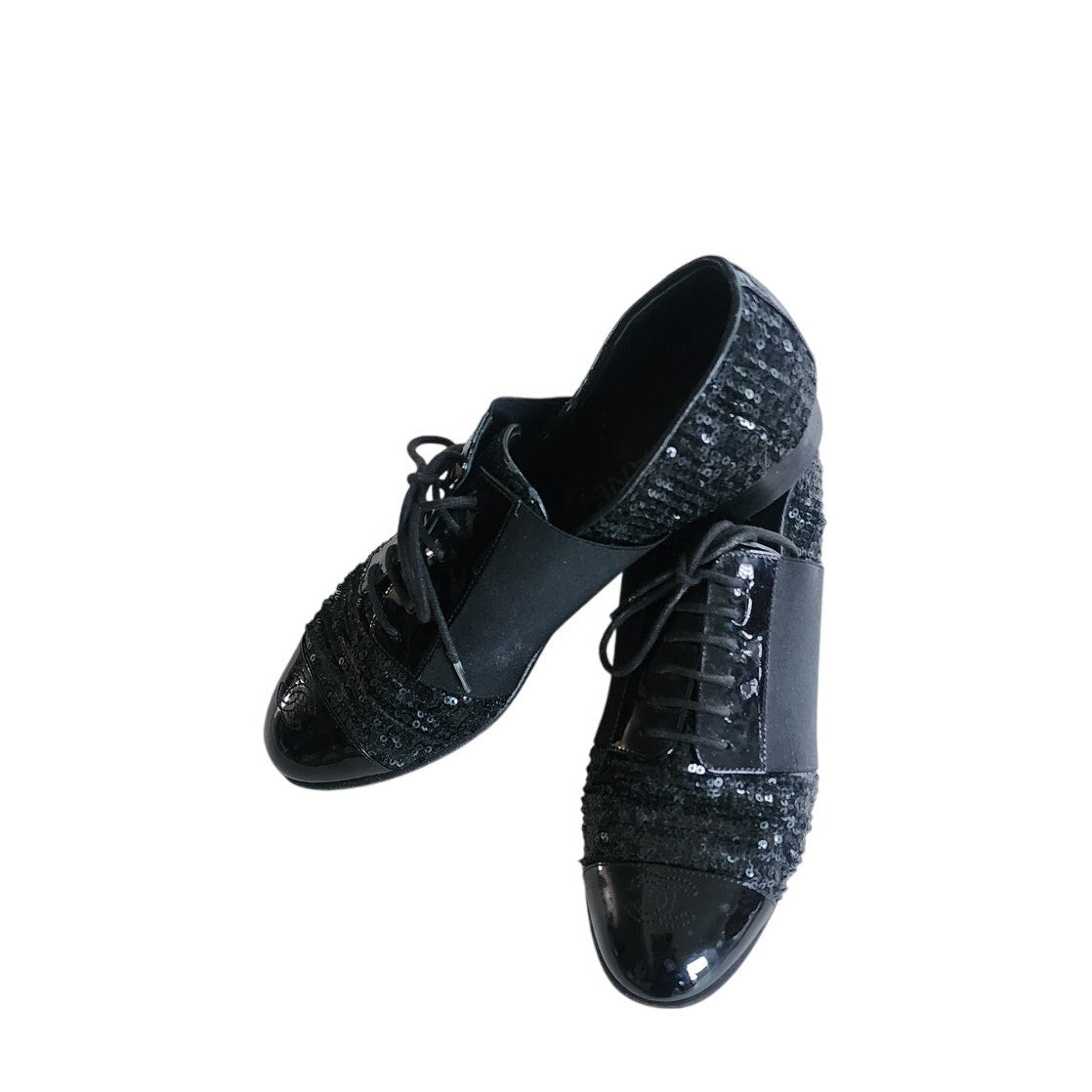CHANEL Lace Up Shoes Loafers Black Patent Leather & Sequins 38 1/2