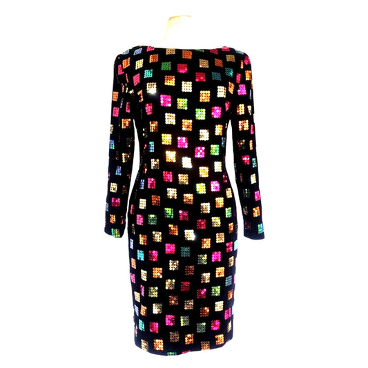 Vintage 1980s Sequined Dress Colorful Patchwork Black Velvet / S