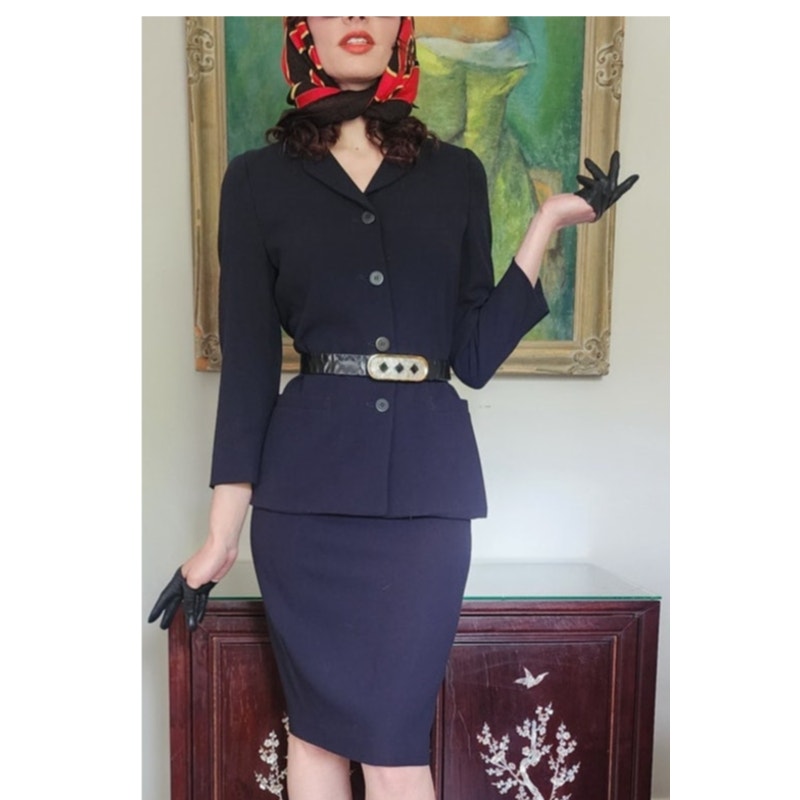 Vintage 90s Armani Skirt Suit Black or Dark Navy Blue Wool / S