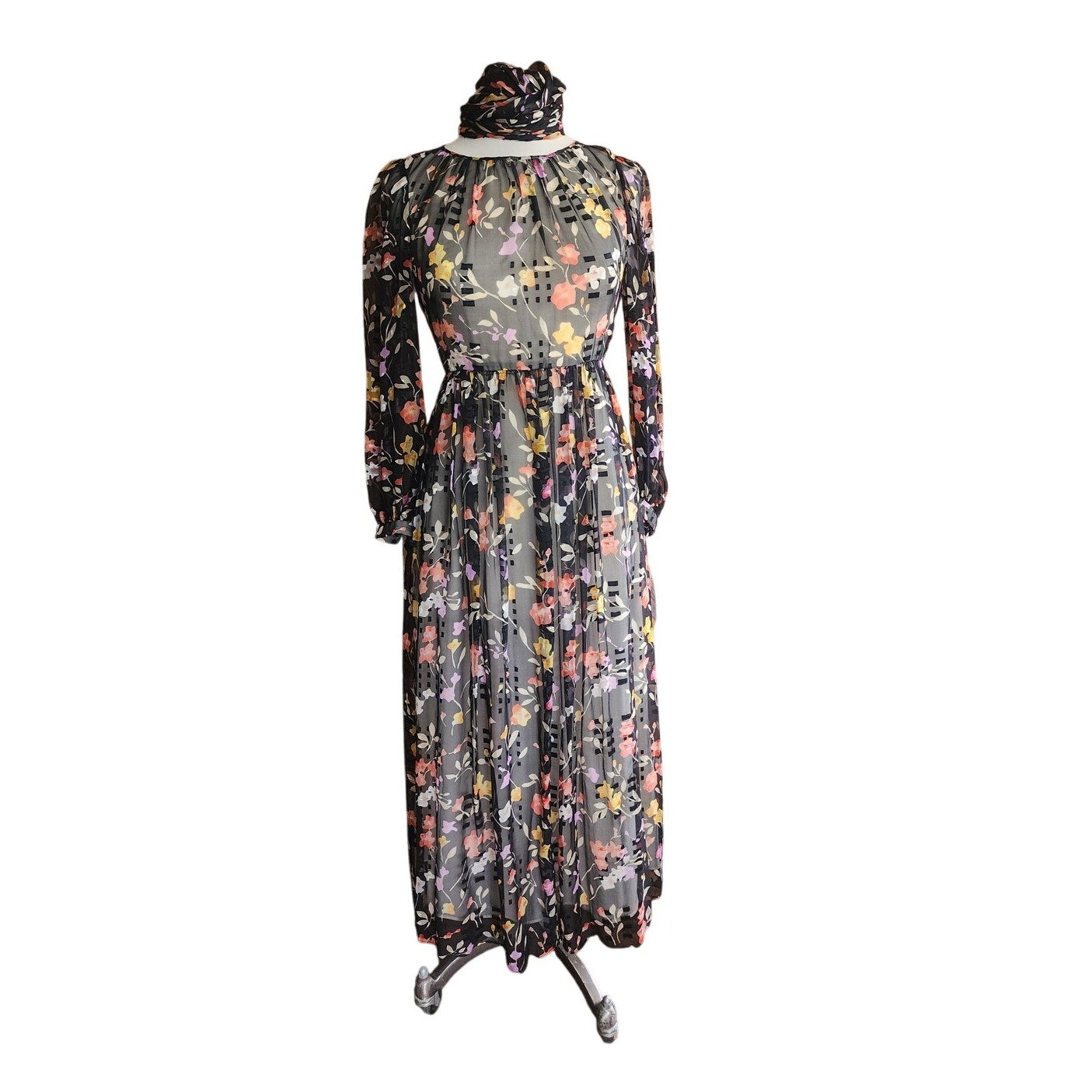 Vintage 70s Silkprint Dress Dark Florals Belted