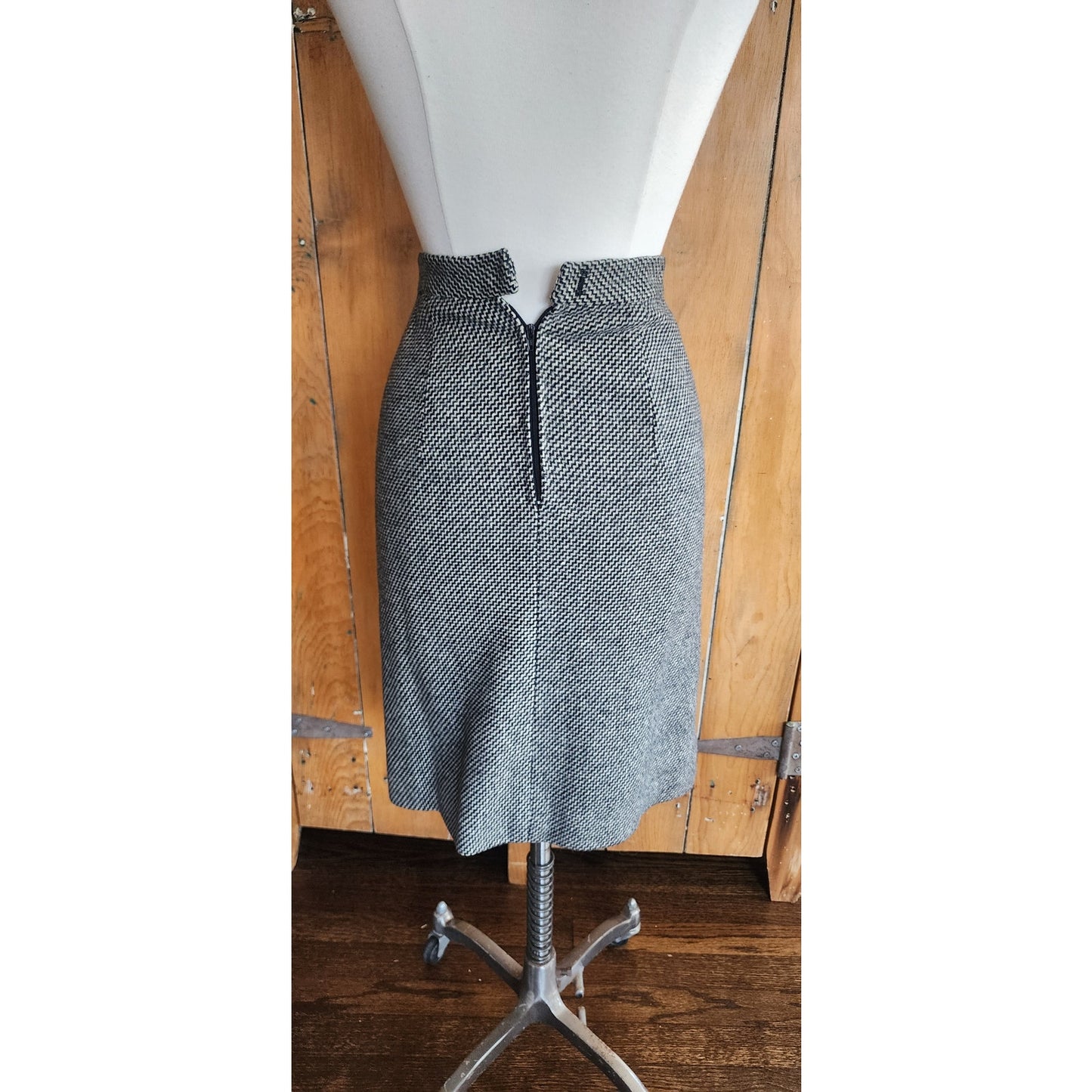 Vintage 90s Wool Coat + Skirt Set in ZigZag Stripe Grey Black / S