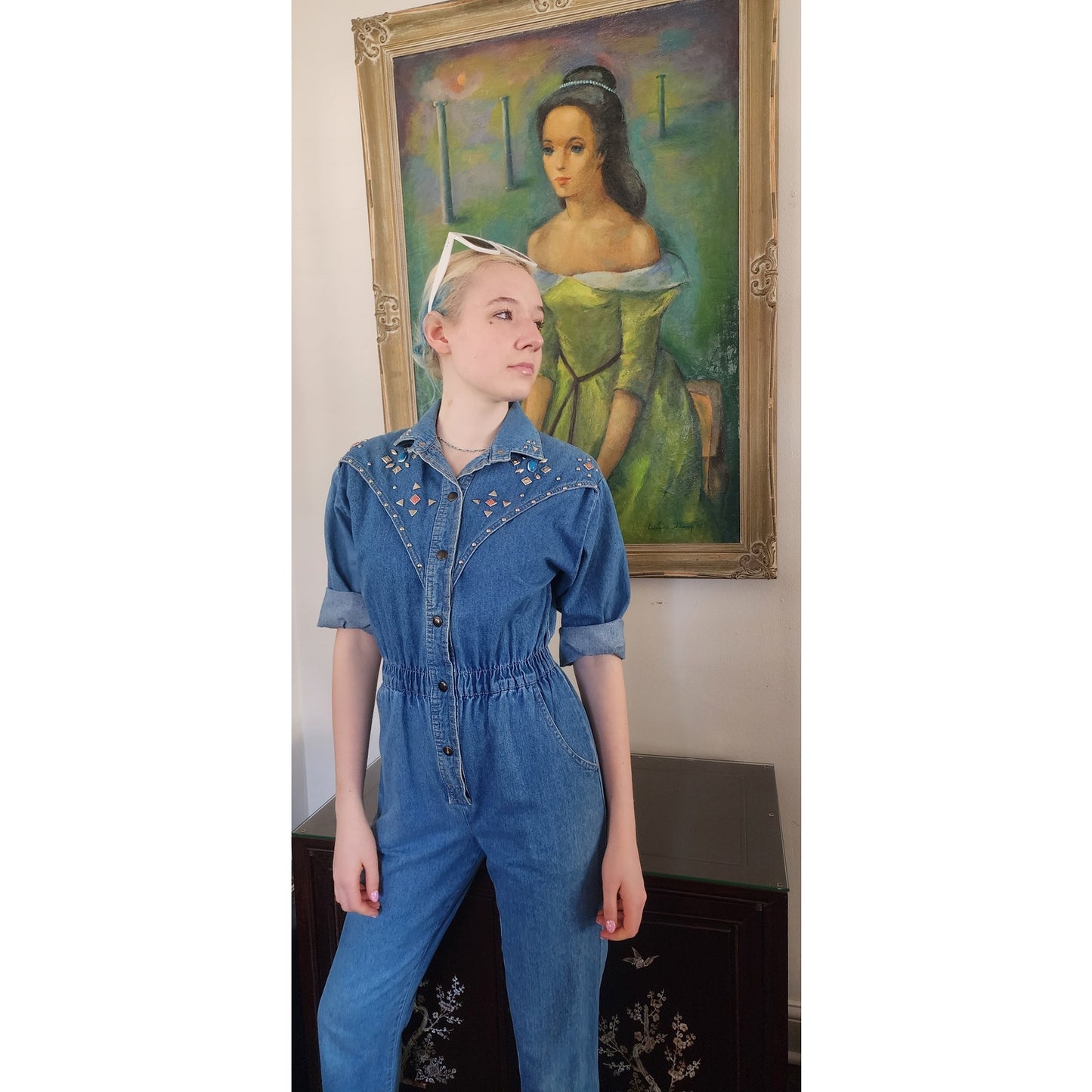Vintage 80s Denim Jumpsuit w/Silver Studs Elastic Waist / Small