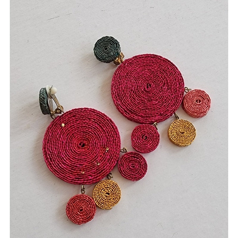 Vintage 80s Dangly Earrings Raffia Weave Colorful Clip-Ons