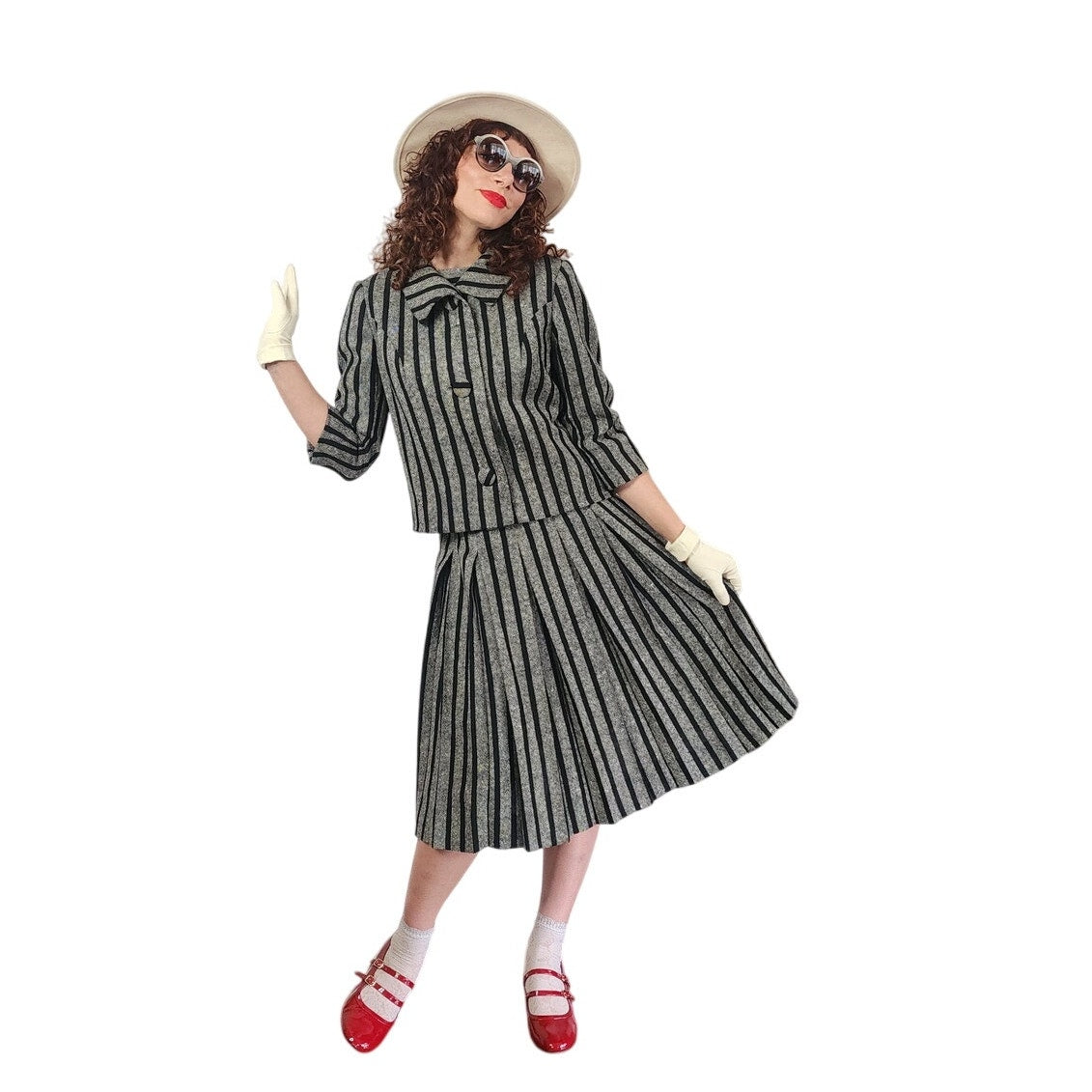 Vintage 1960s Sybil Connolly Skirt Suit Gray Black Striped Wool / Small