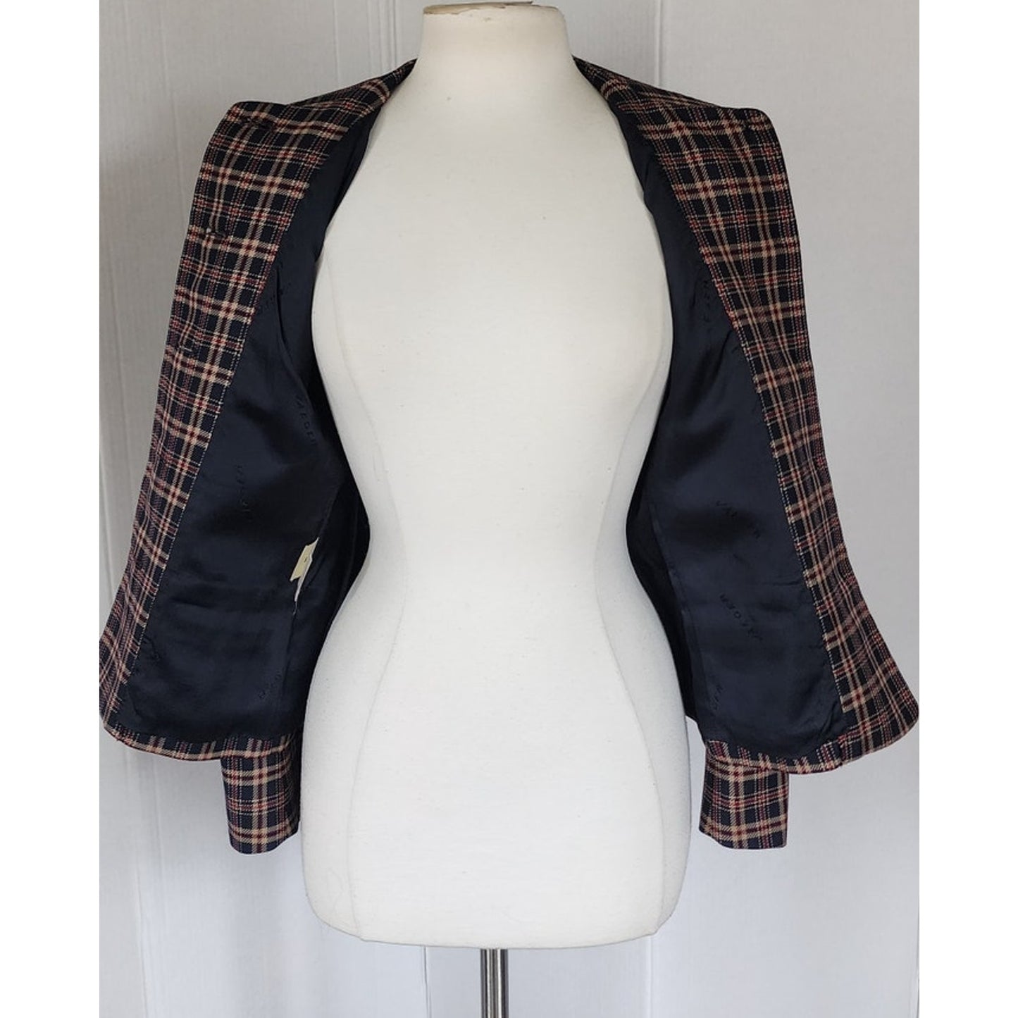 Vintage 80s Jaeger Blazer Navy Blue Brown Plaid Wool Blend