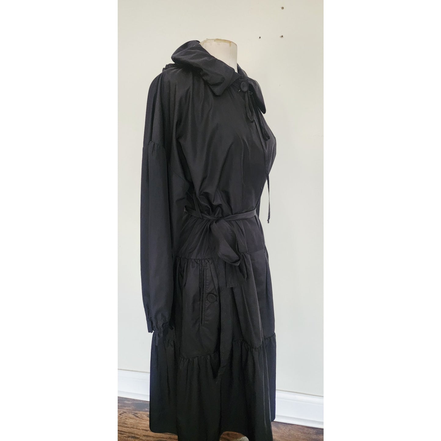 Vintage 2000s Sonia Rykiel Coat Dress / Black Trench Belted Raincoat Ruffled Skirt + Hood / M