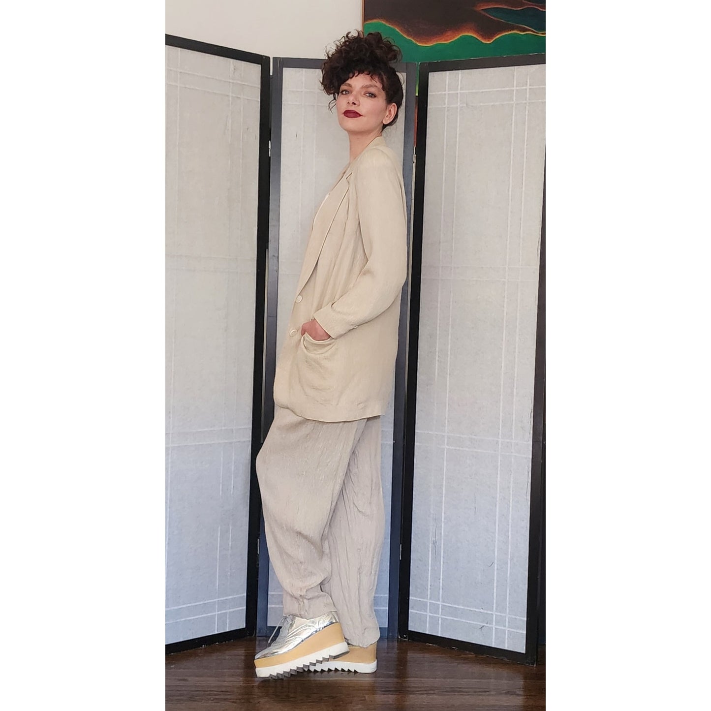 Vintage 80s 90s DONNA KARAN Pant Suit Beige Silk