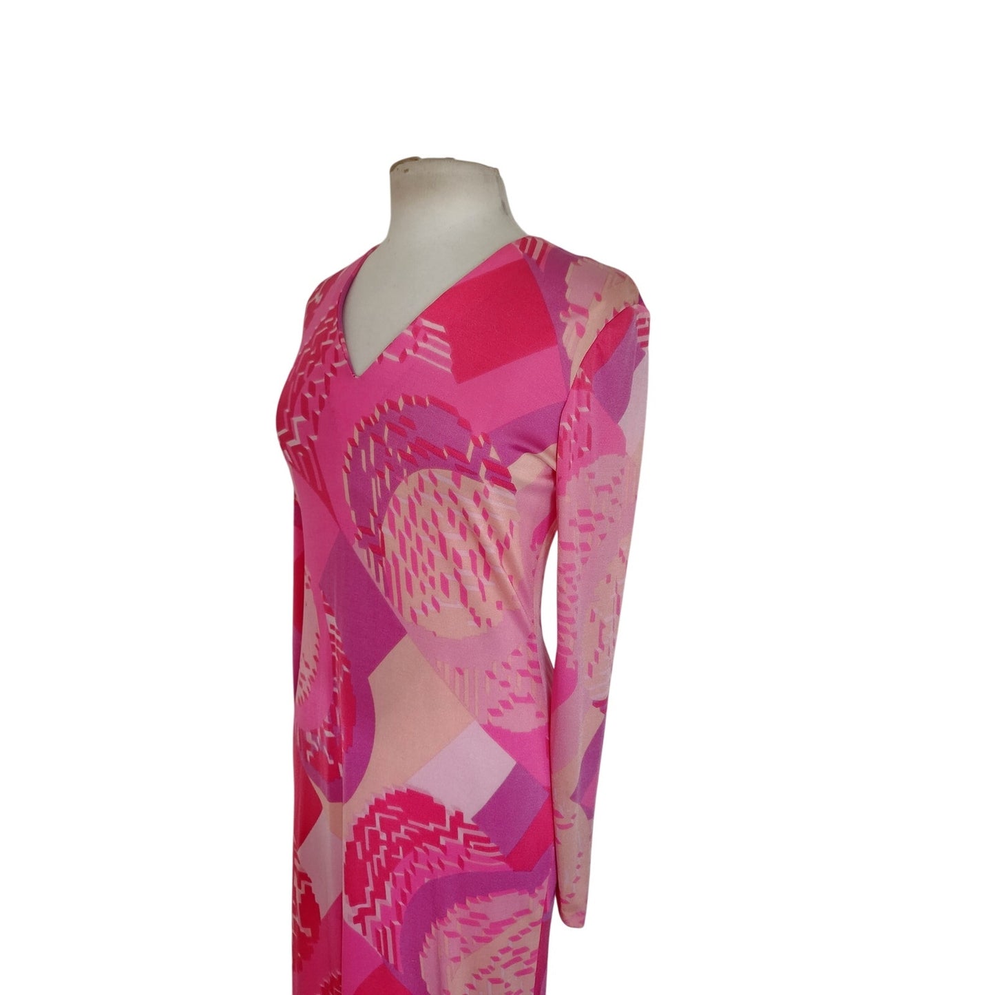 Vintage 1970s Maxi Dress Pink Red Geometric Print Rayon Jersey Stretch