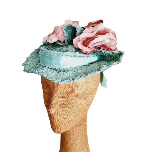 Vintage 30s Blue Pink Hat in Straw & Silk by Milgrim