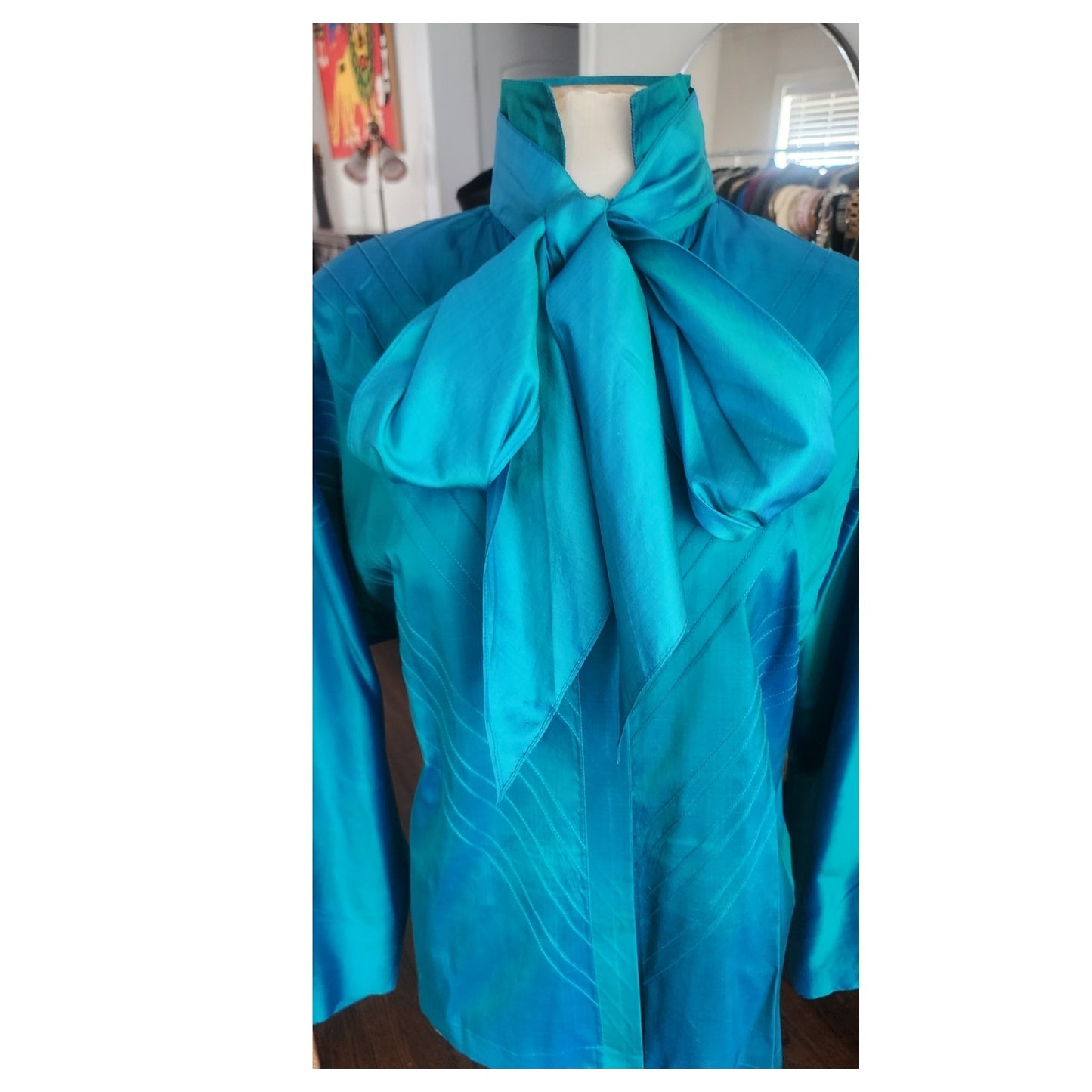 Vintage 80s Silk Blouse Electric Blue w/Pleats and Belt/Pussycat Bow / M