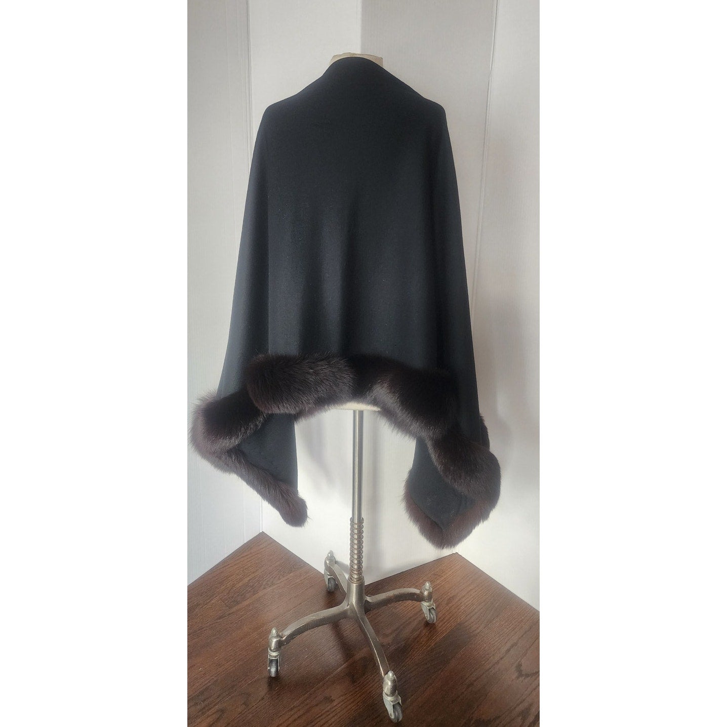 Vintage Sable Fur Lined Wrap in Black Wool