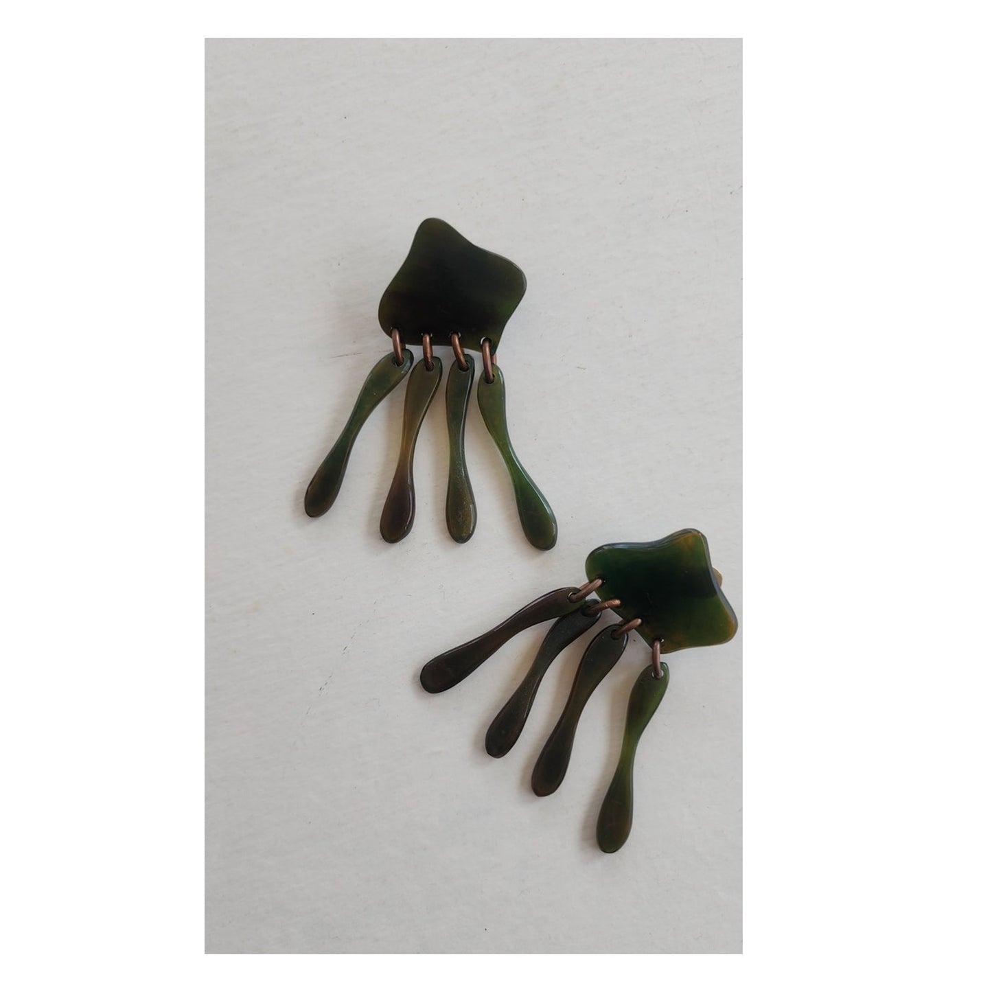 Vintage 60s Dangly Earrings Dark Green Lucite Oversized Clips.