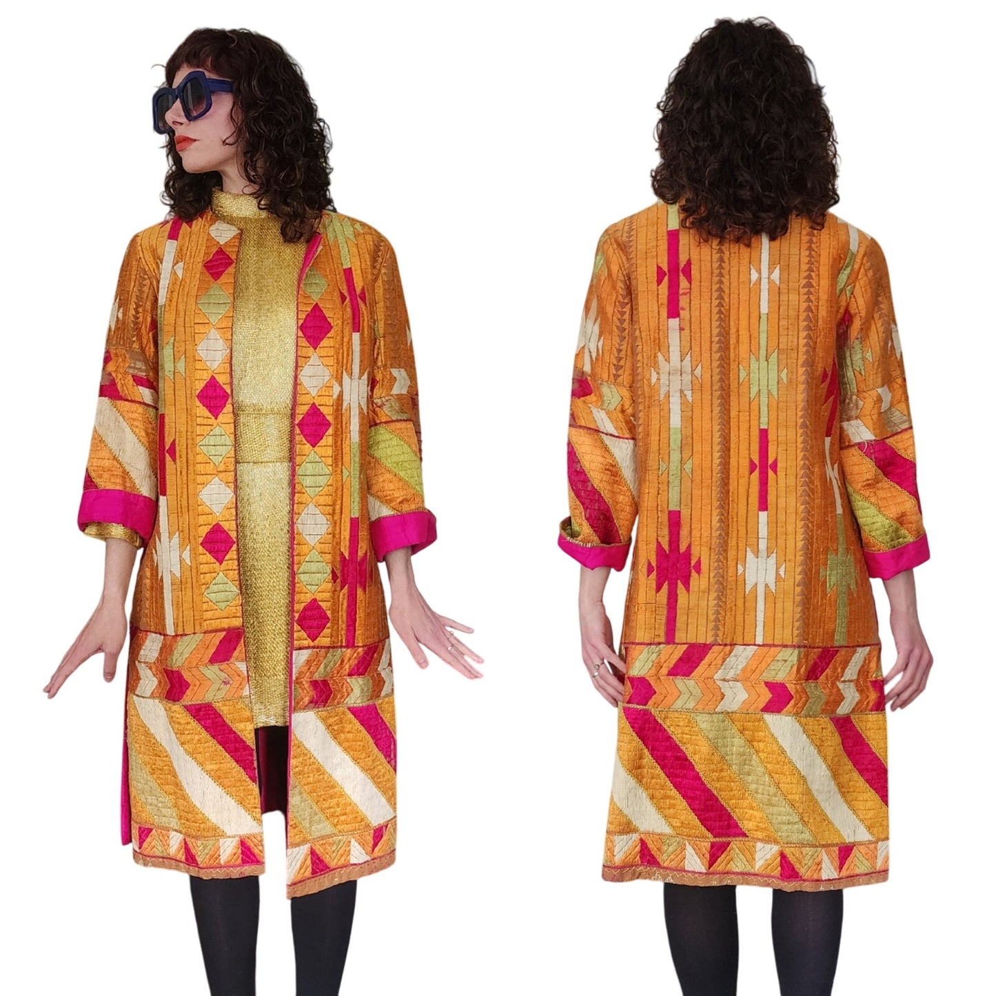 Antique Silk Patchwork Coat Artistinal Boho Gold Fuschia Folk Geometric