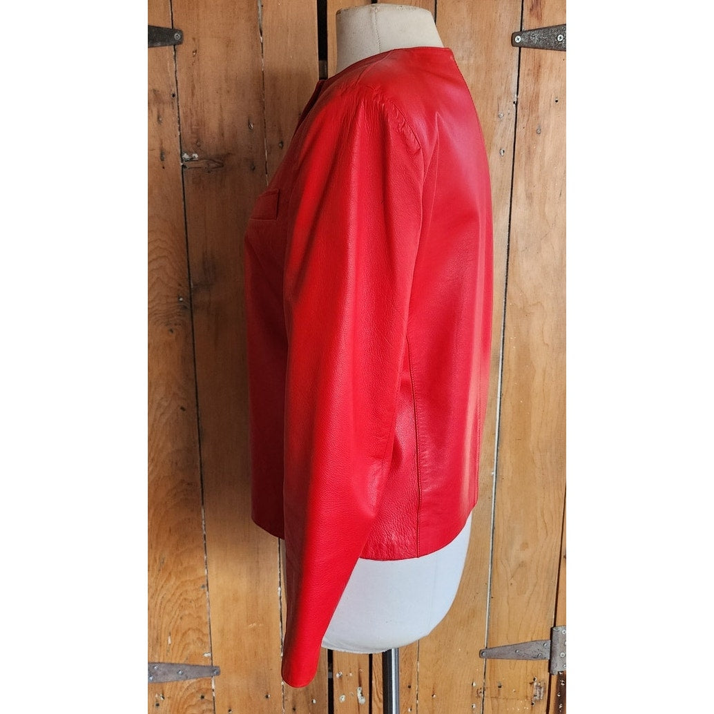 Vintage 80s Red Leather Jacket Snap Front Closure / S