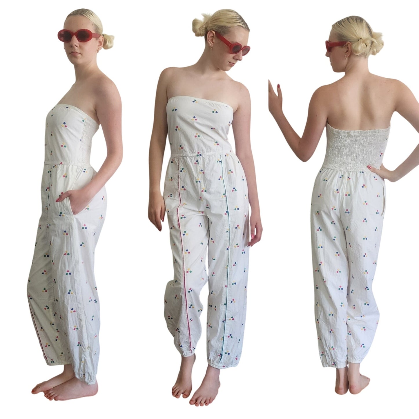 Vintage 1980s Jumpsuit White Cotton Polkadot Print Patti Cappalli / S to M