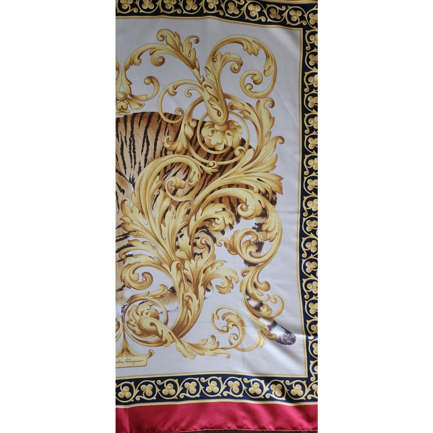 Vintage Ferragamo Silk Scarf Tiger Print Gold Baroque Scroll Print