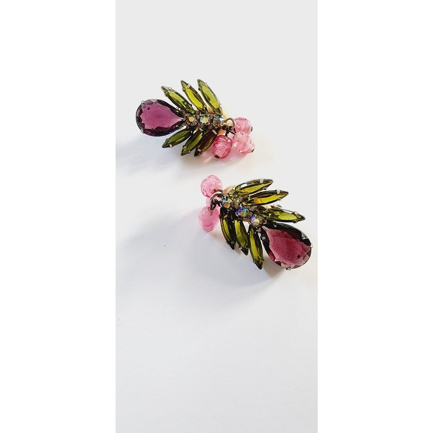 Vintage 60s Earrings Unsigned Juliana Purple Green Crystal Clip-Ons