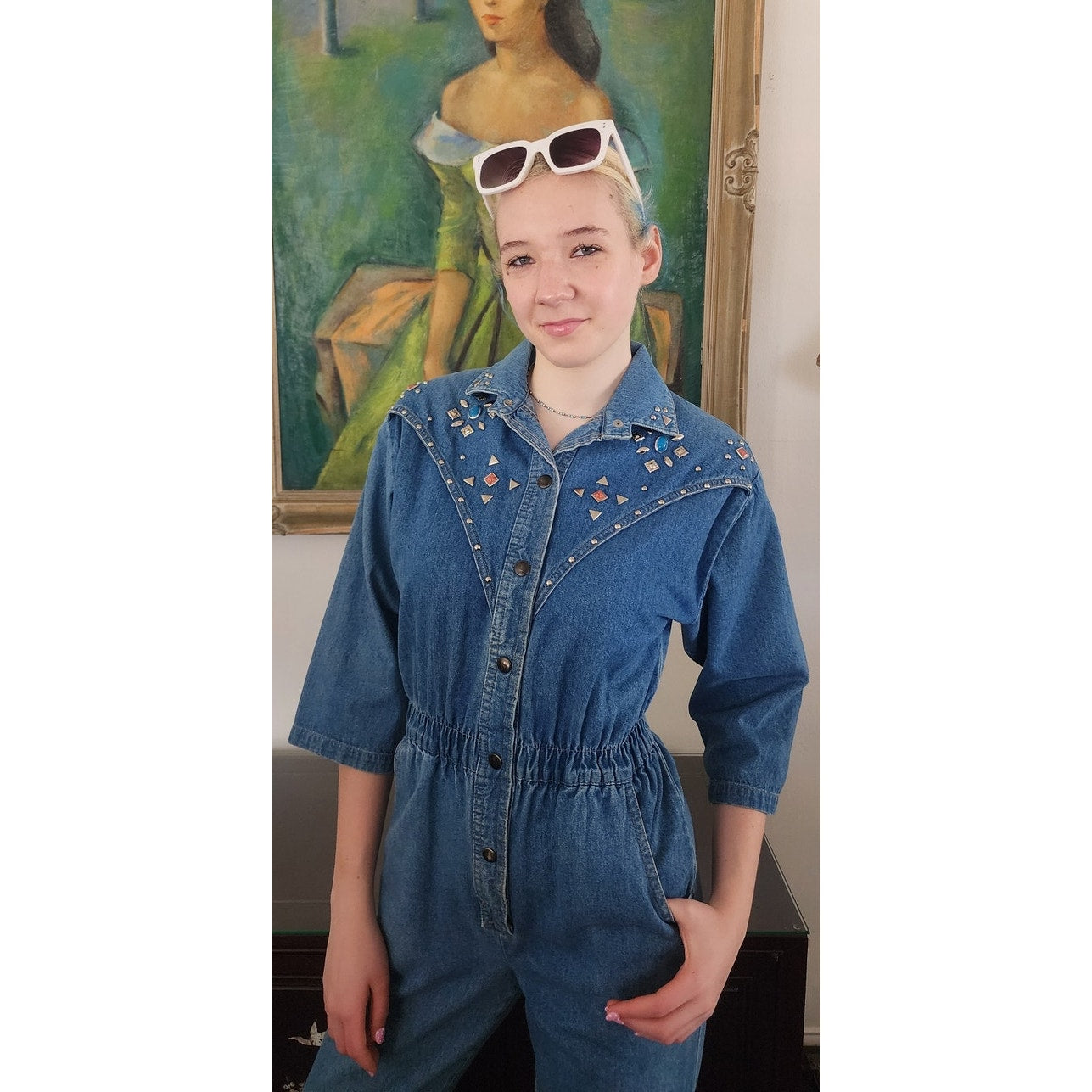 Vintage 80s Denim Jumpsuit w/Silver Studs Elastic Waist / Small