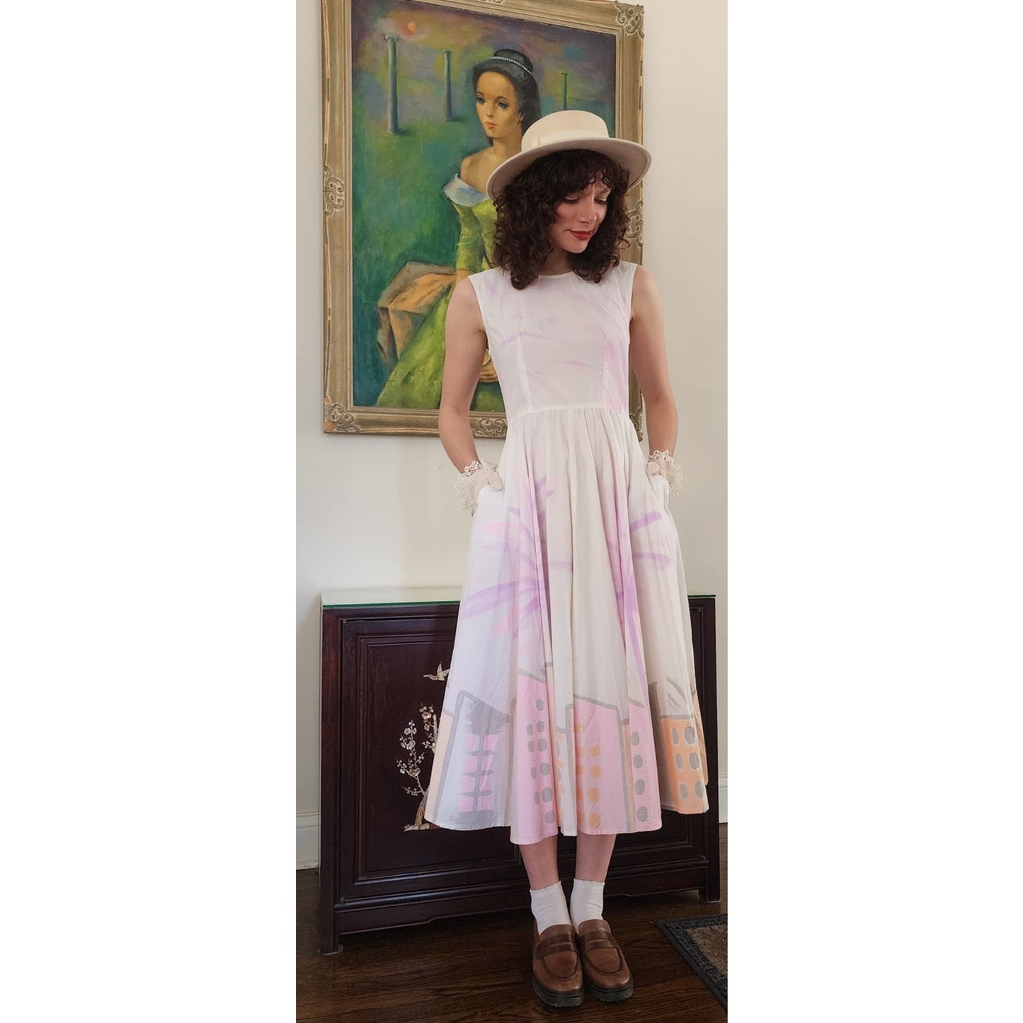 Vintage 90s Cotton Print Sun Dress Sleeveless White Pink Cityscape Print Circle Skirt / S