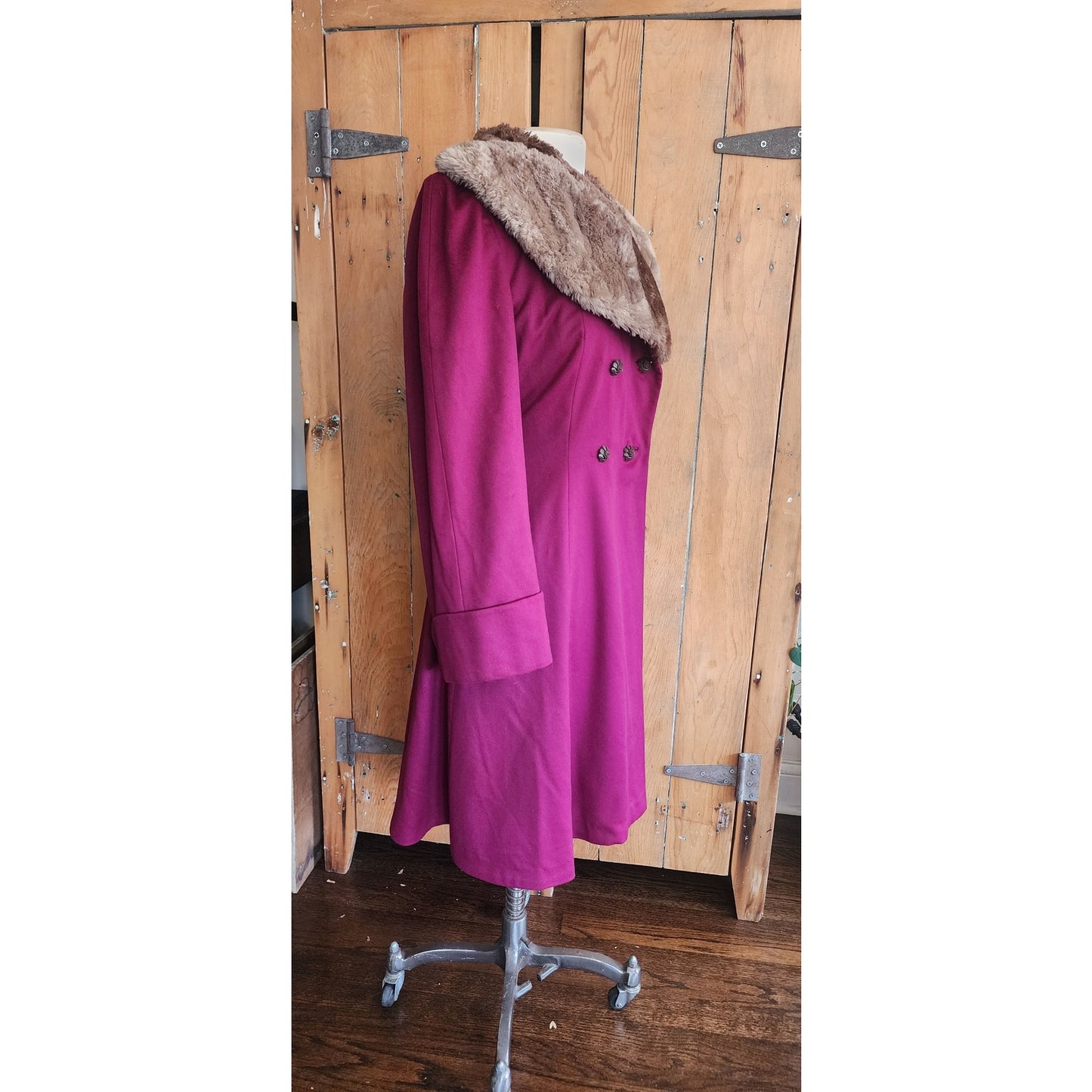 Vintage 1940s Purple Wool Princess Coat Sheared Beaver Fur Collar Double Breasted