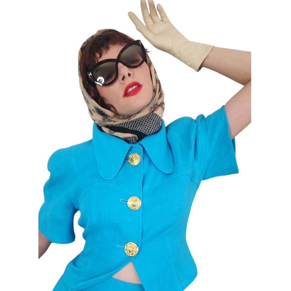 Vintage 90s Christian Lacroix Skirt Suit Turquoise Blue + Gold Buttons / M