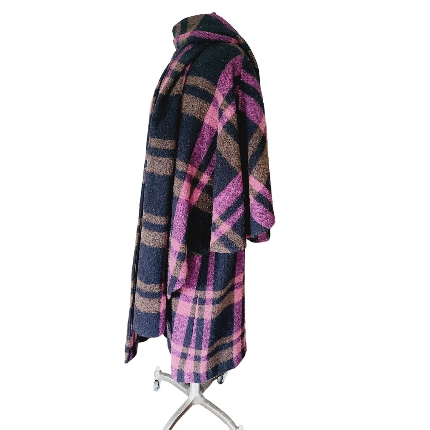 Vintage 90s Purple Wool Plaid Poncho Cloak Coat w/Scarf