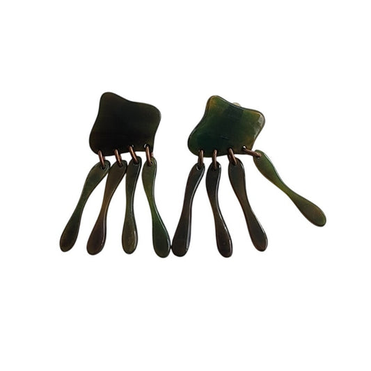 Vintage 60s Dangly Earrings Dark Green Lucite Oversized Clips.