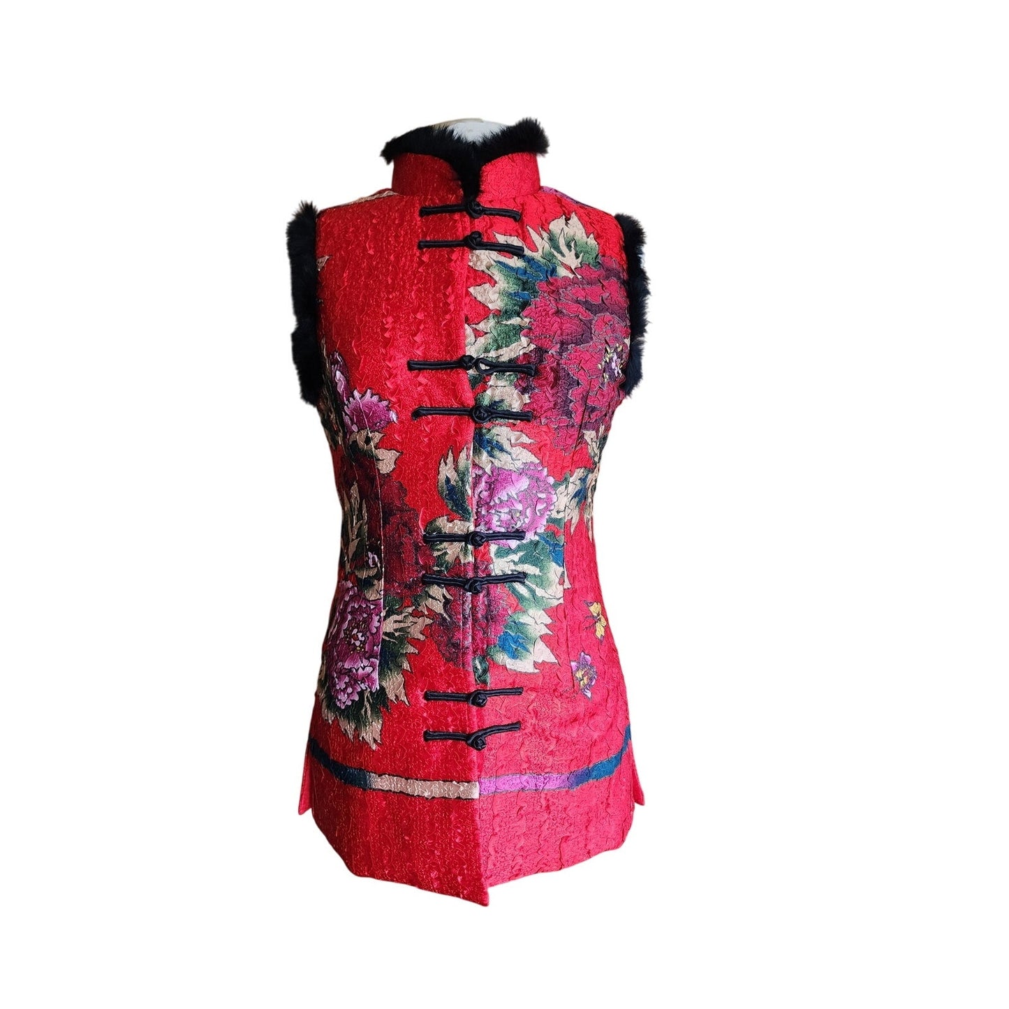 Chinese Costume Style Vest Waistcoat Rabbit Fur Trim Quilted Red Floral Print / XL