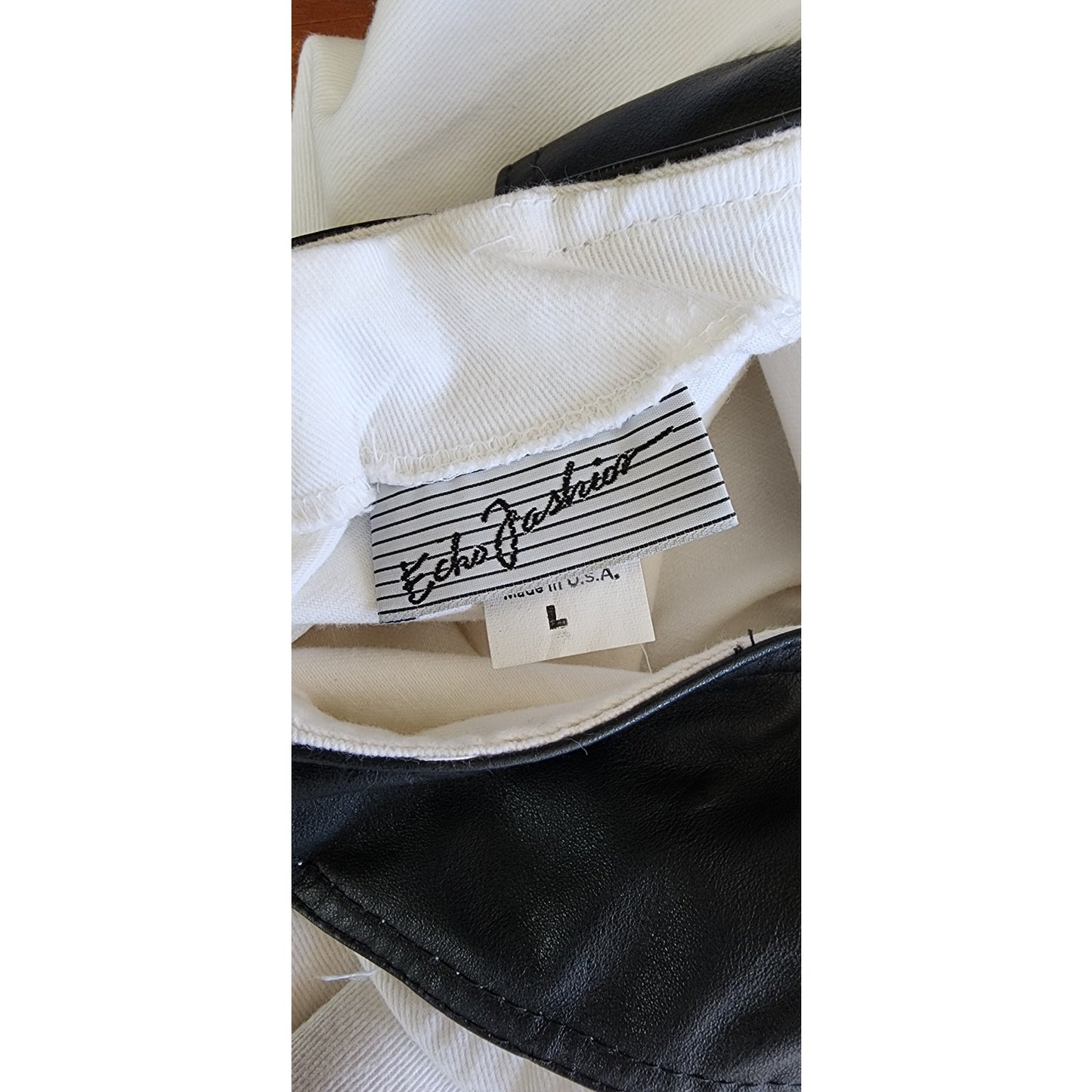 Vintage 80s Dress White Cotton Black Leather w/Cut Outs & Open Back