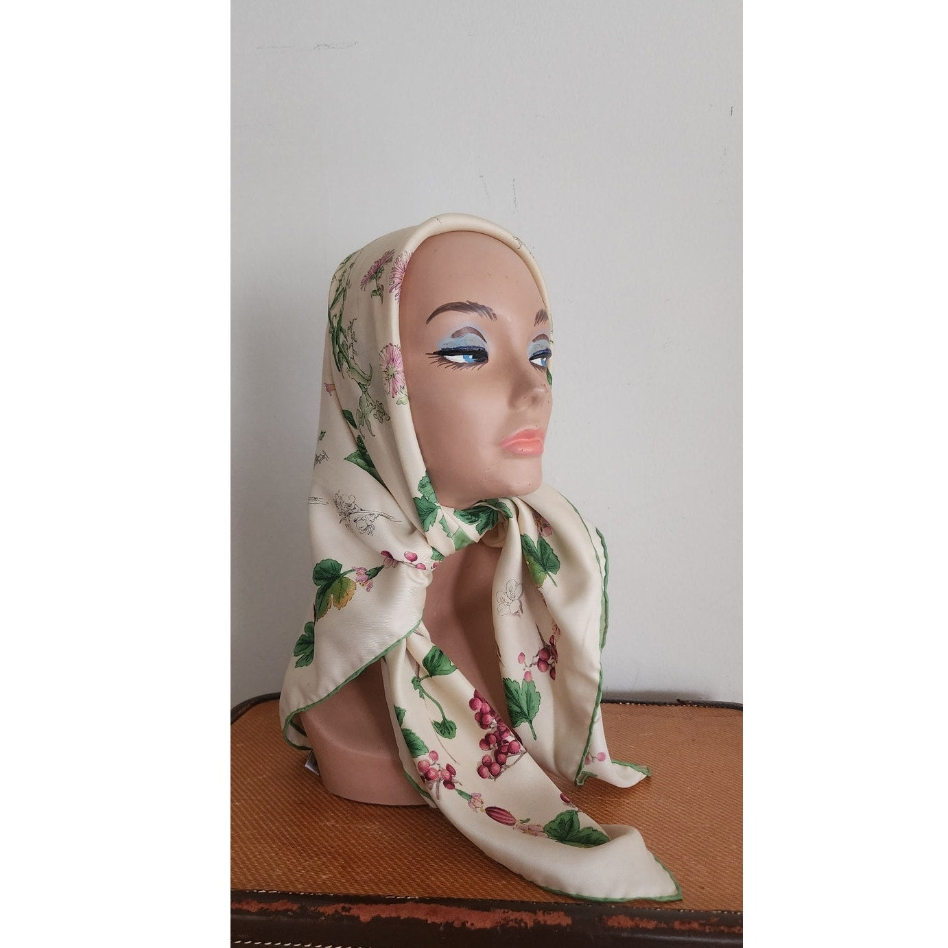 Vintage Tiffany & Co. Scarf Silk Square Botanical Floral Theme Green Cream