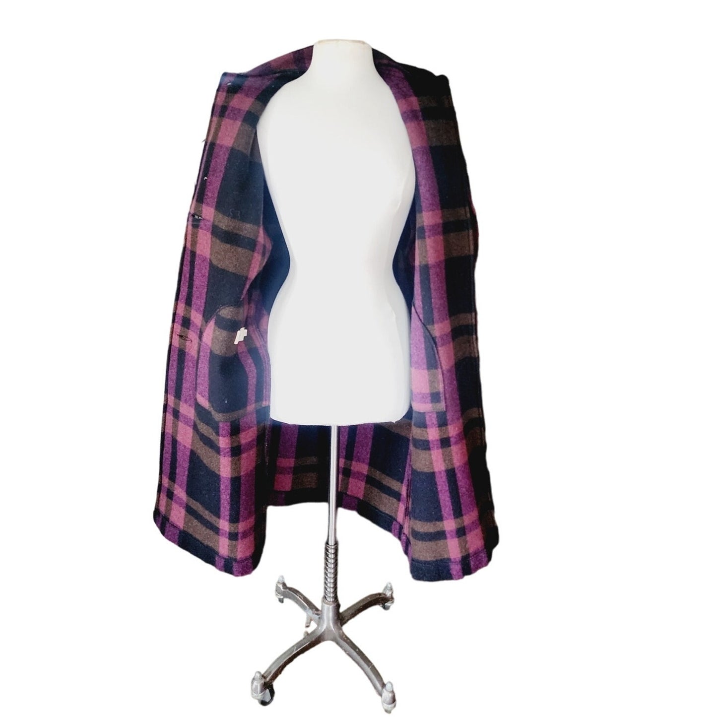 Vintage 90s Purple Wool Plaid Poncho Cloak Coat w/Scarf