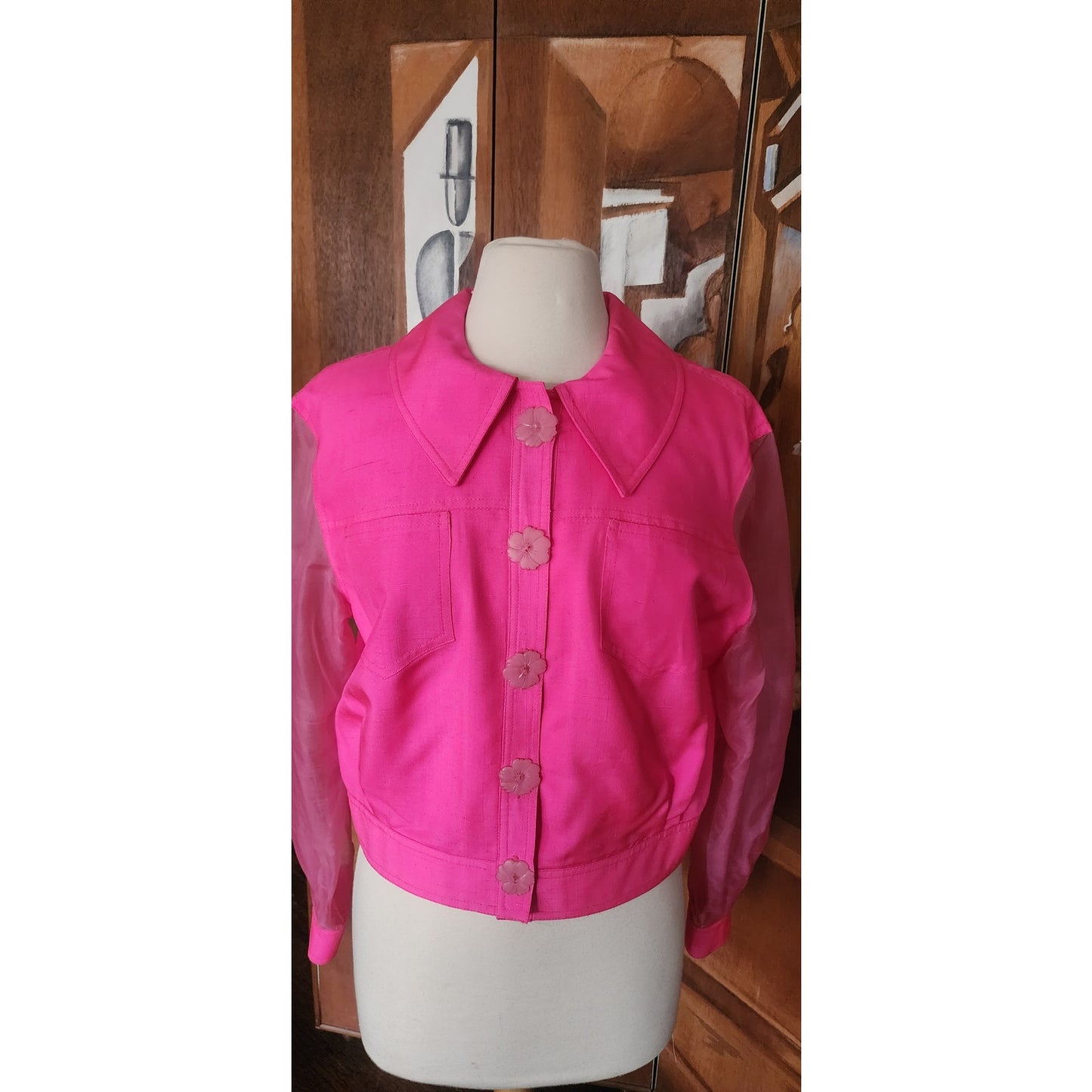 Vintage 90s Pink Silk Jacket Sheer Sleeves Flower Buttons Victoria March Chicago Designer