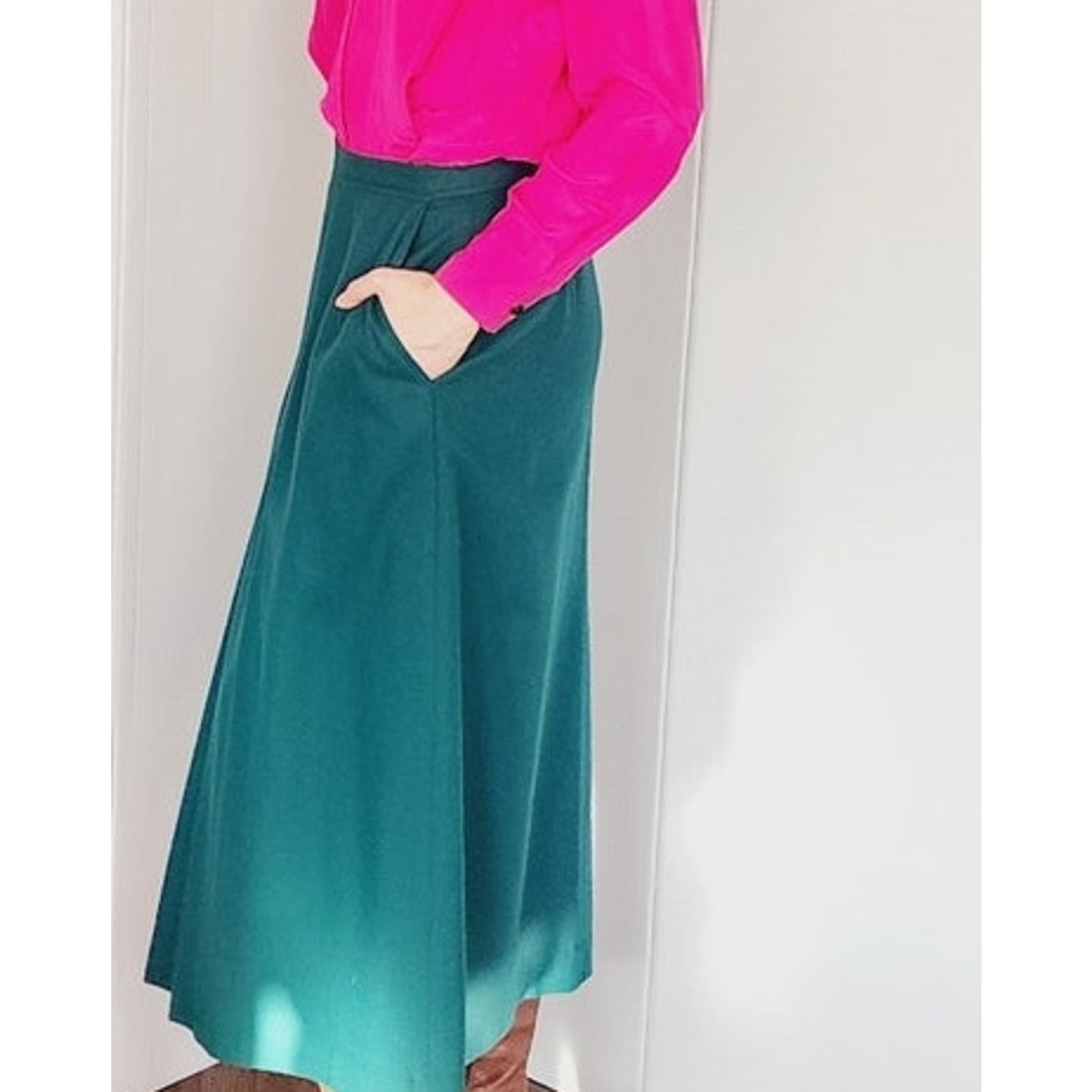 Vintage 70s Dark Green Wool Skirt HIgh Waisted Ankle Length Skyr / Small