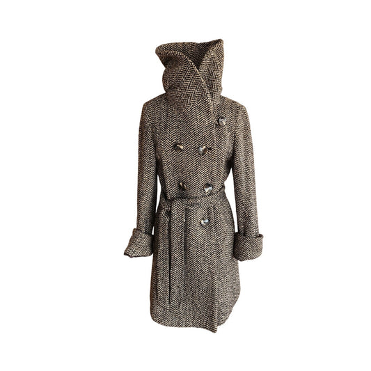 Vintage Y2K Houndstooth Coat Gray Herringbone Wool Large Collar Ellen Tracy / M