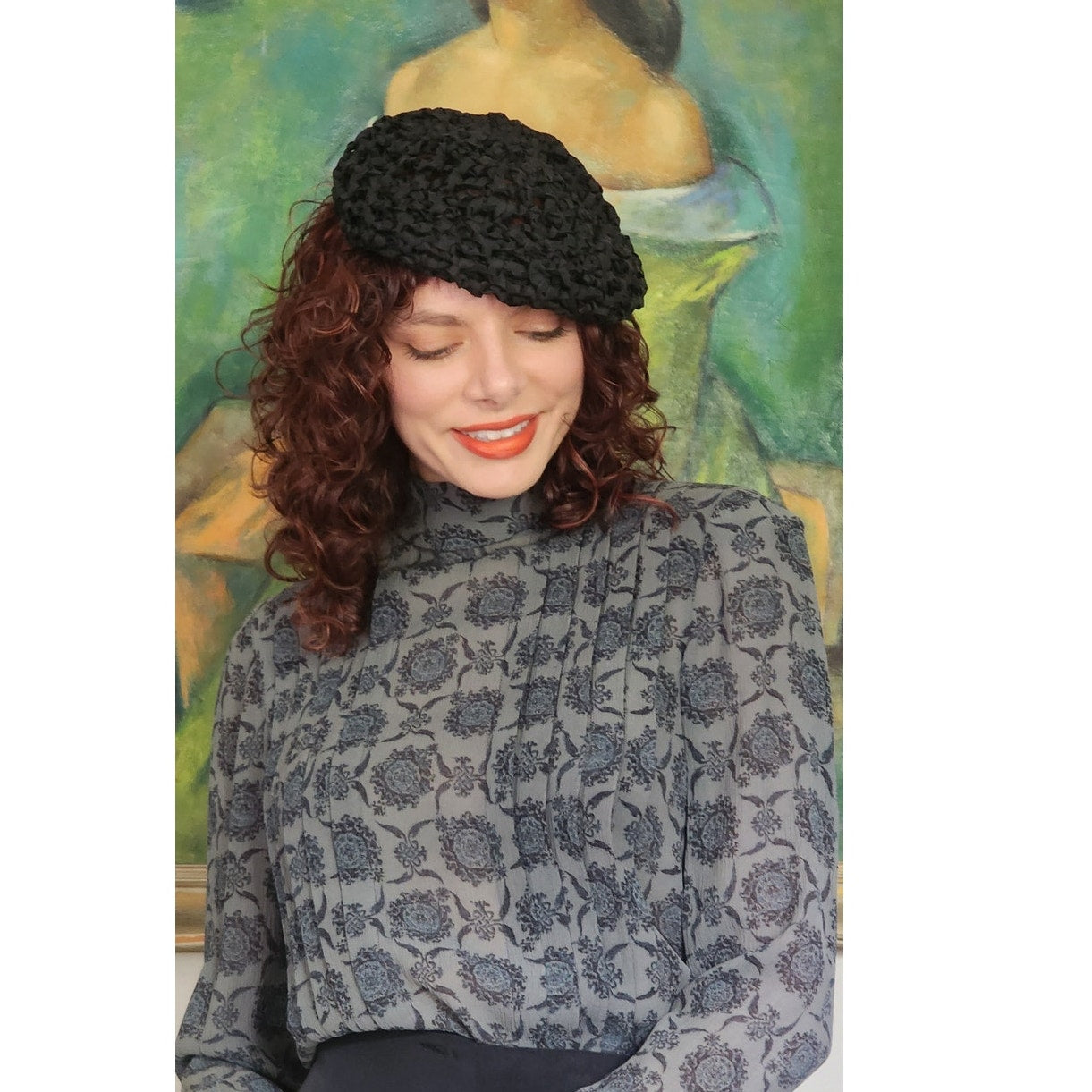 Vintage 80s UNGARO Blouse Gray Silkprint Shirt Back Buttons