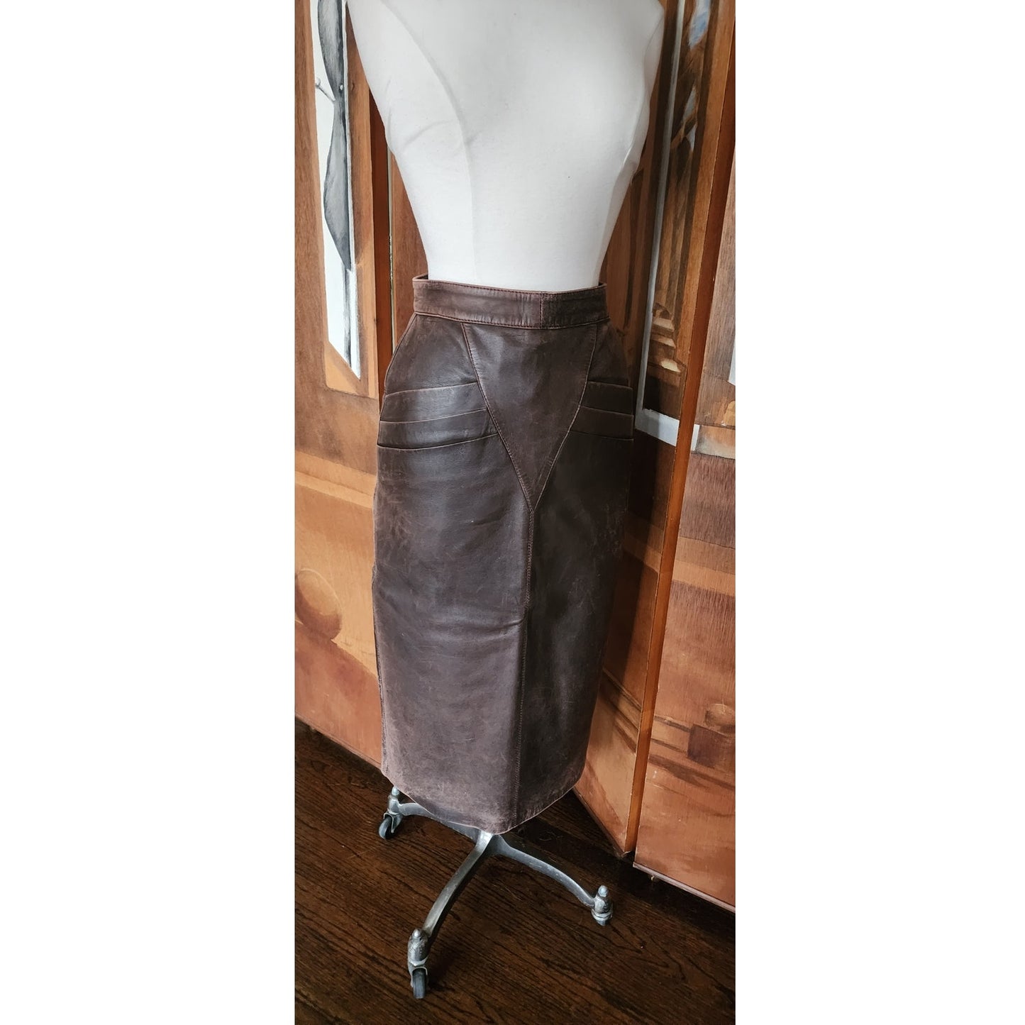 Vintage 80s Brown Leather Pencil Skirt High Waisted Geometric Accent Stitching