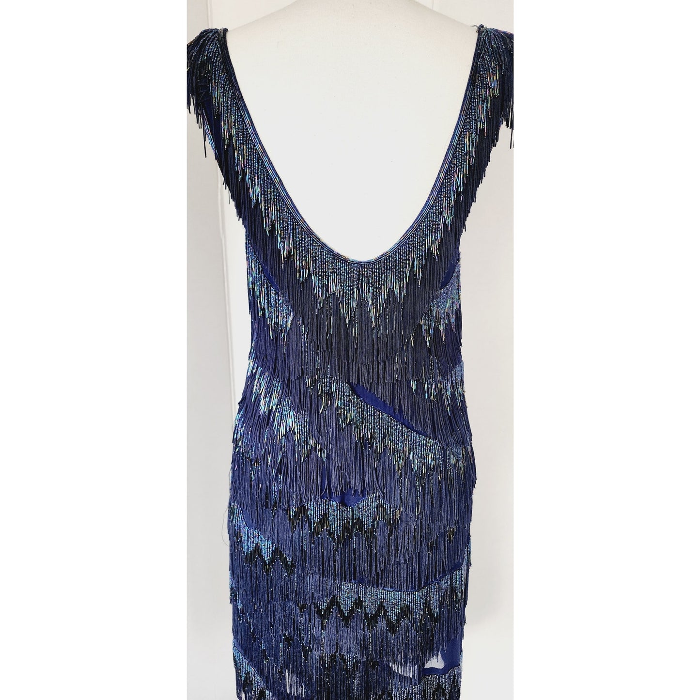 Vintage 2000s Blue Beaded Dress Silk Fringe Flapper Style / Medium