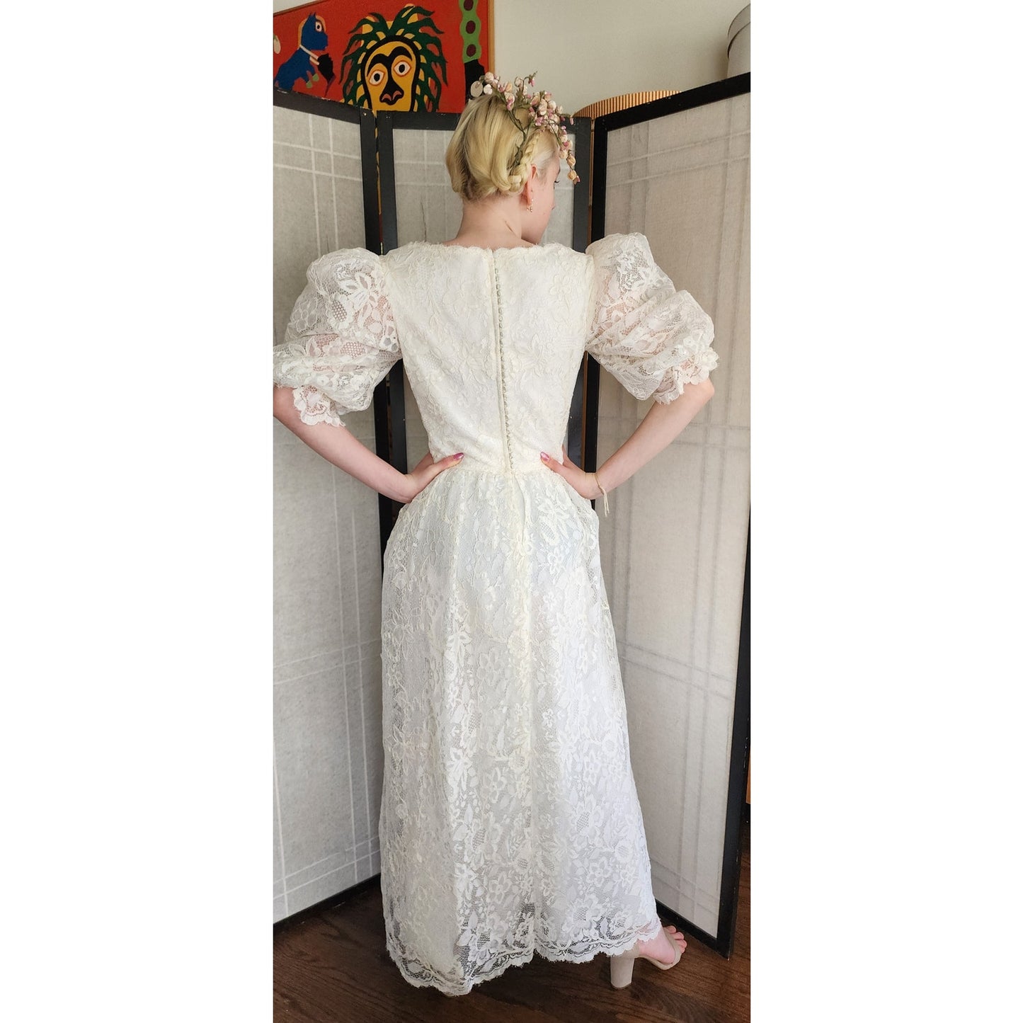 Vintage 80s White Lace Wedding Dress Statement Sleeves