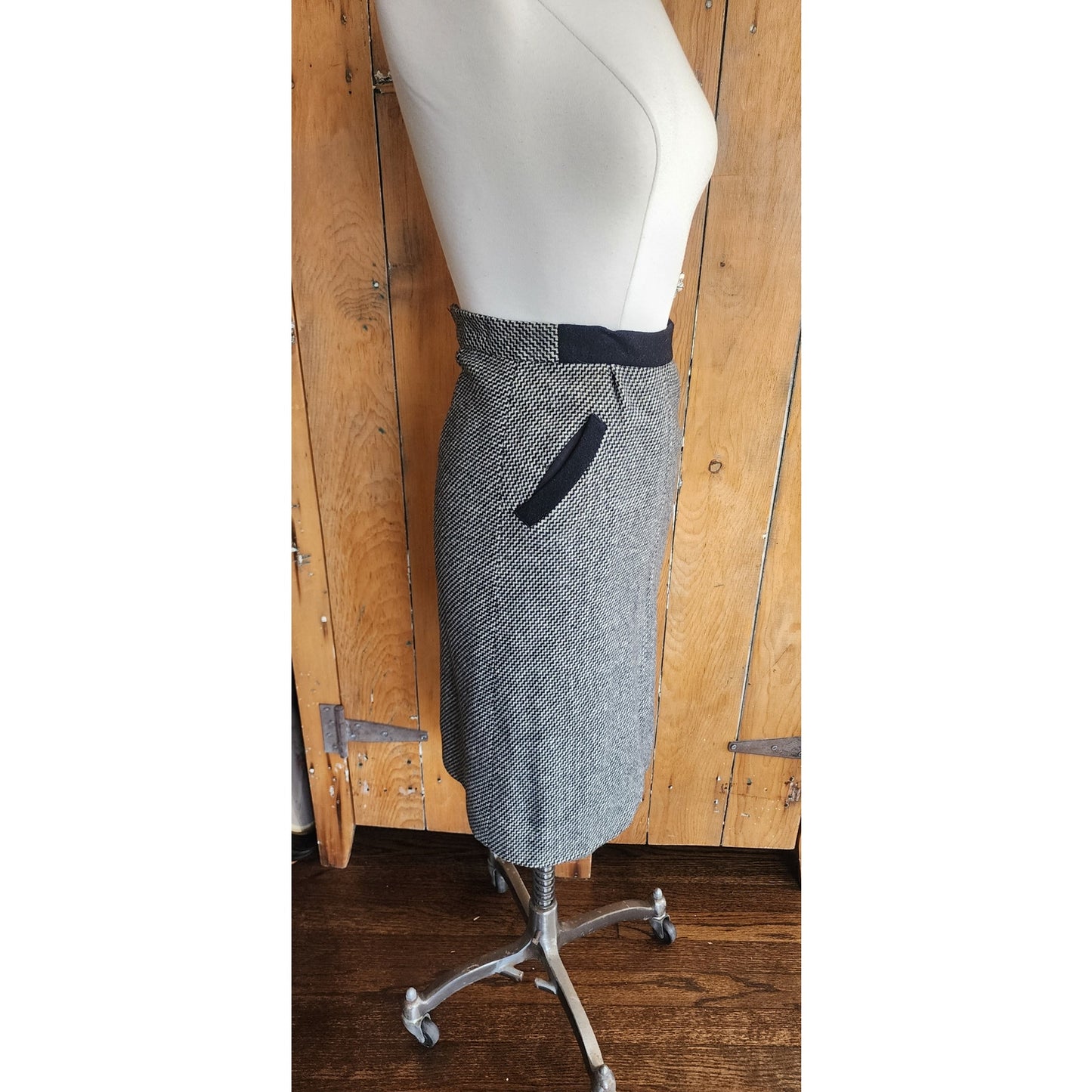 Vintage 90s Wool Coat + Skirt Set in ZigZag Stripe Grey Black / S