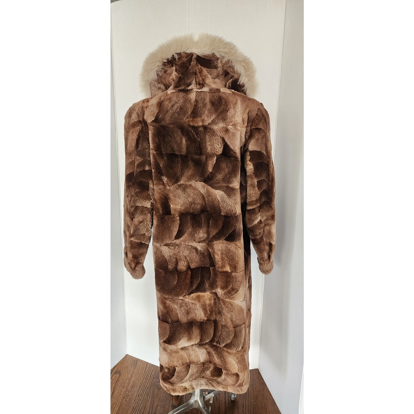 Vintage 80s Patchwork Fur Coat Sheared Beaver Blue Fox Collar